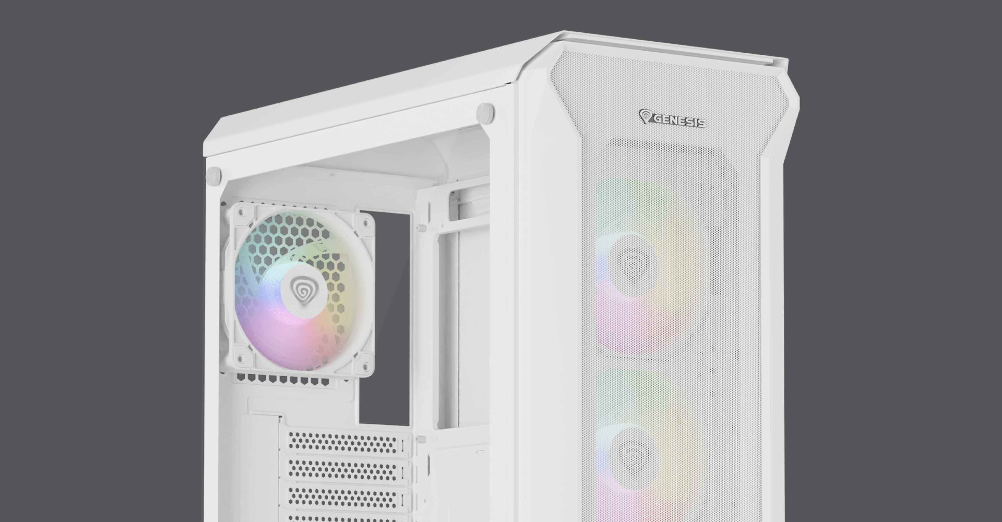 Boîtier tour MIDI Genesis IRID 505 ARGB V2 blanc avec fenêtre transparente et ventilateurs RGB