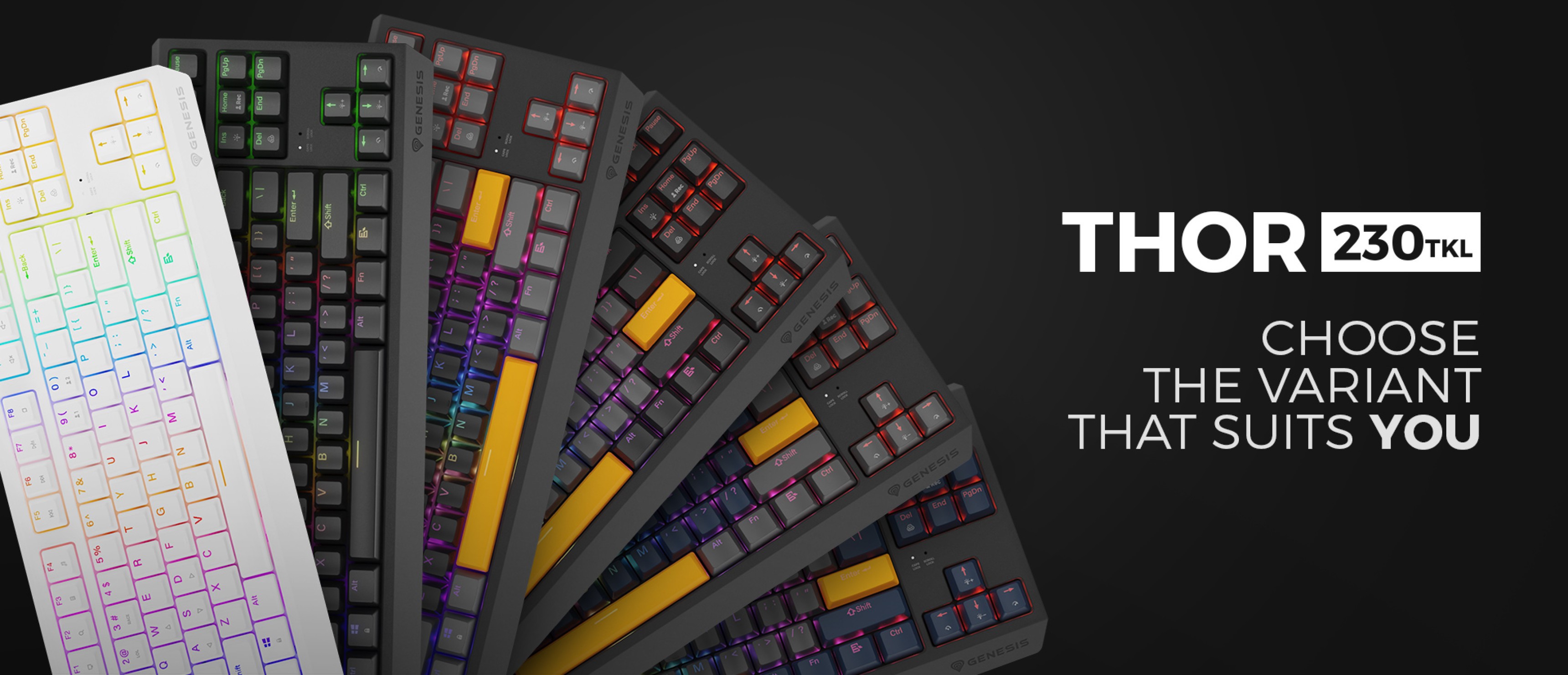 Différents modèles du clavier mécanique de jeu Genesis Thor 230 TKL, présentant différentes couleurs et types de commutateurs.