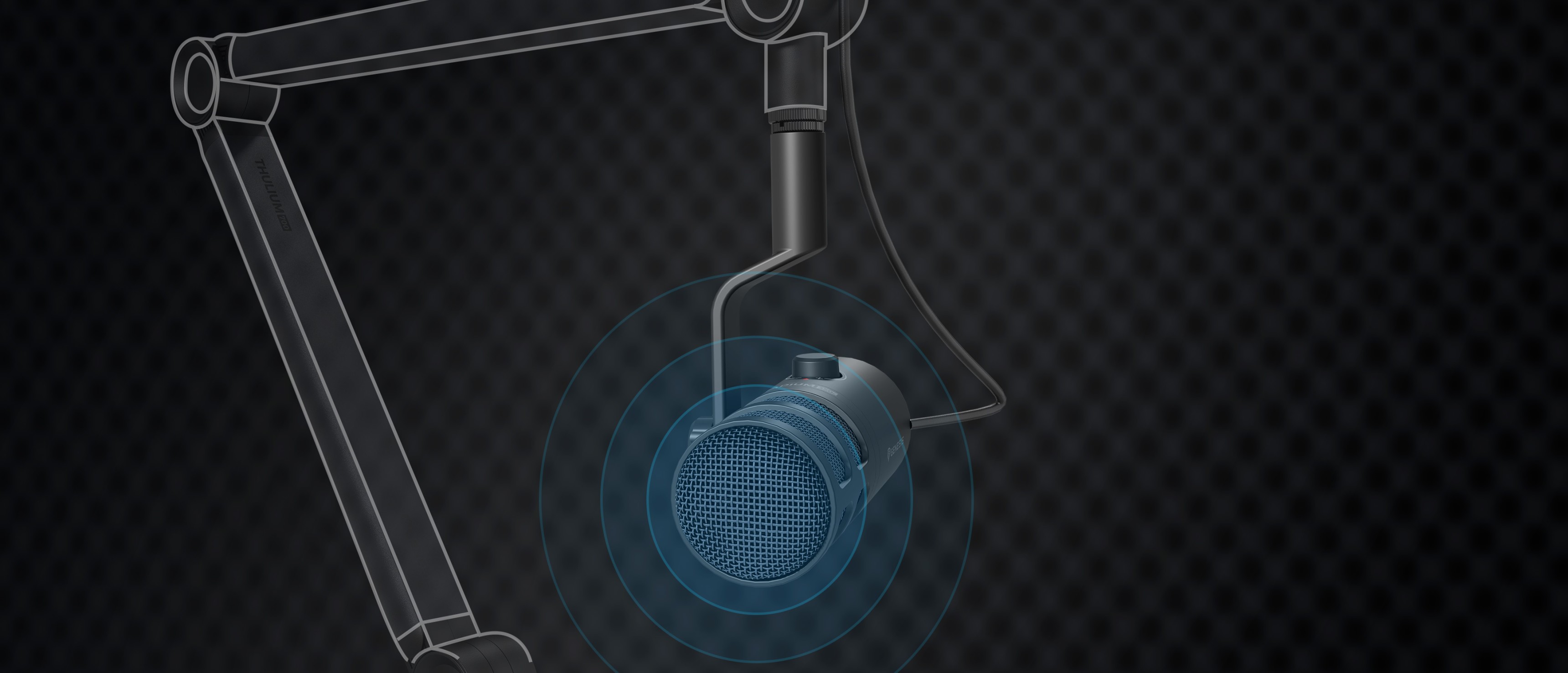 Microphone dynamique USB MIKROFON GENESIS RADIUM 350D, présenté avec une représentation visuelle de son bras de fixation.