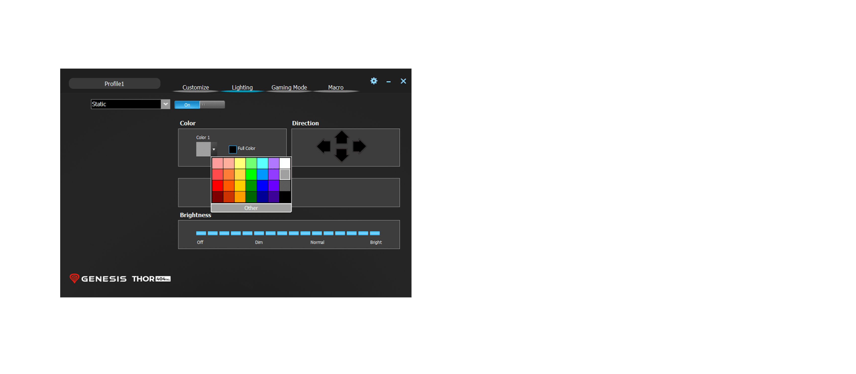 Interface logicielle de personnalisation de l'éclairage RVB pour le clavier de jeu mécanique Genesis Thor 404 TKL.