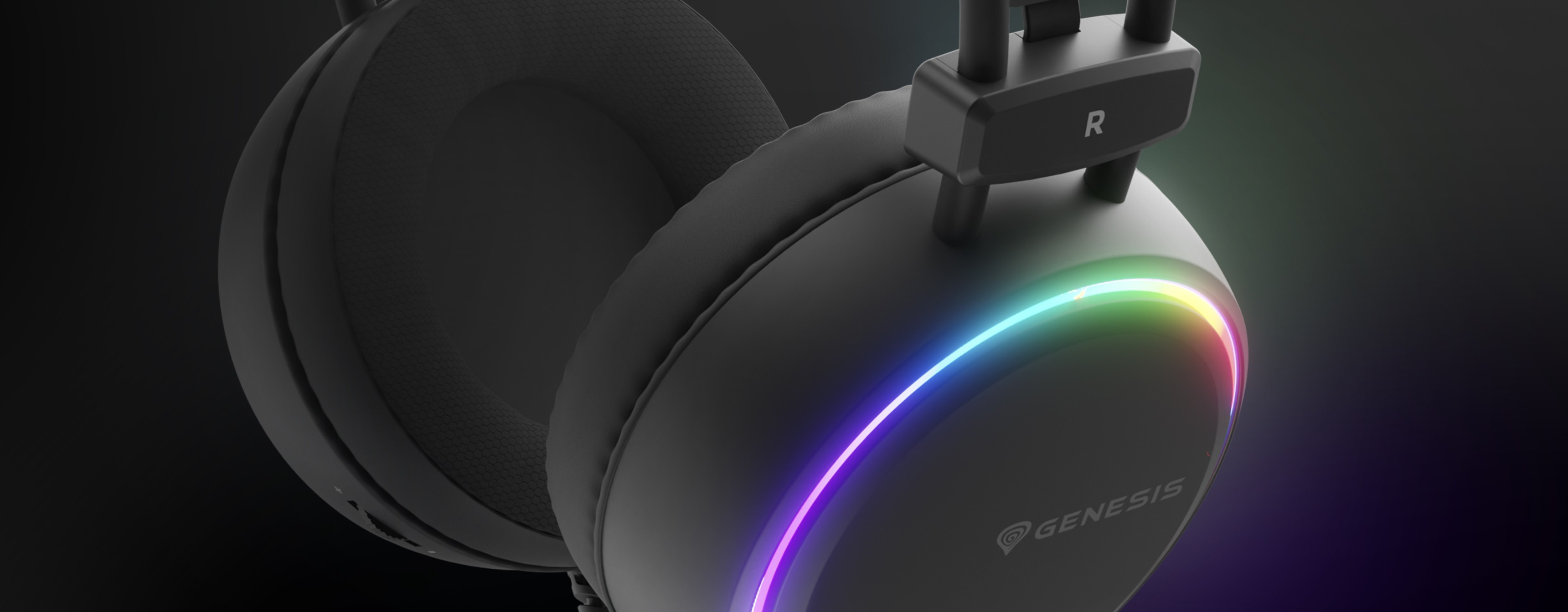 Casque d'écoute Genesis Neon 613 G2 RGB noir avec microphone, doté d'un éclairage RGB coloré le long des oreillettes.