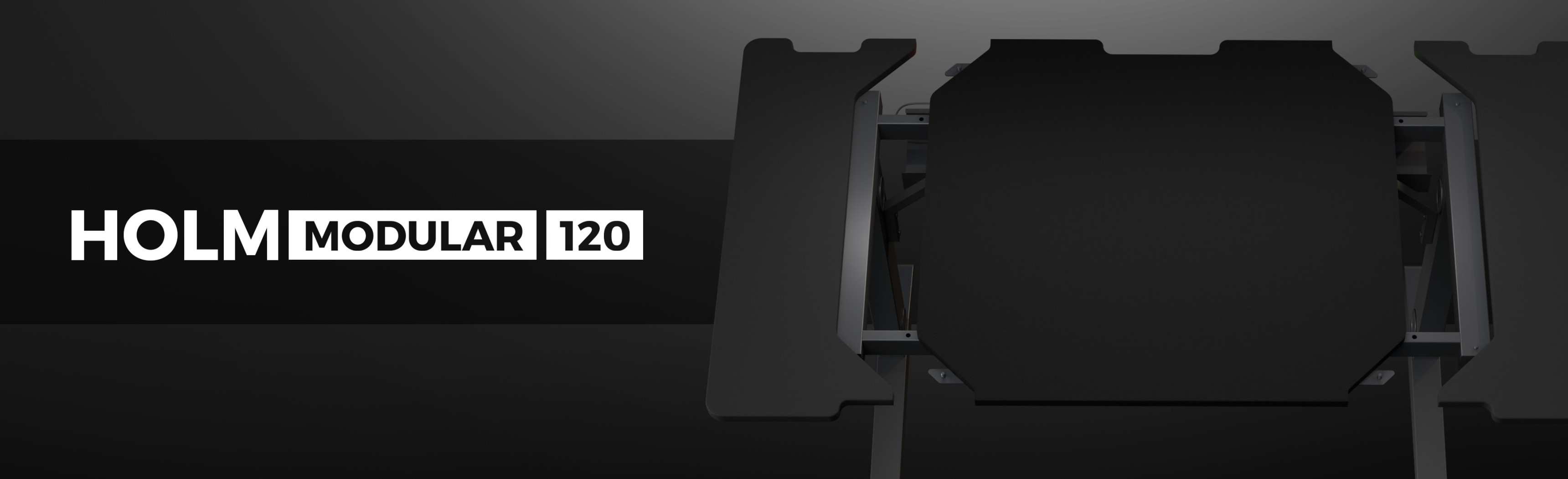 Bureau de jeu modulaire au design noir épuré, étiqueté "HOLM MODULAR 120", mettant en valeur sa structure moderne et fonctionnelle.