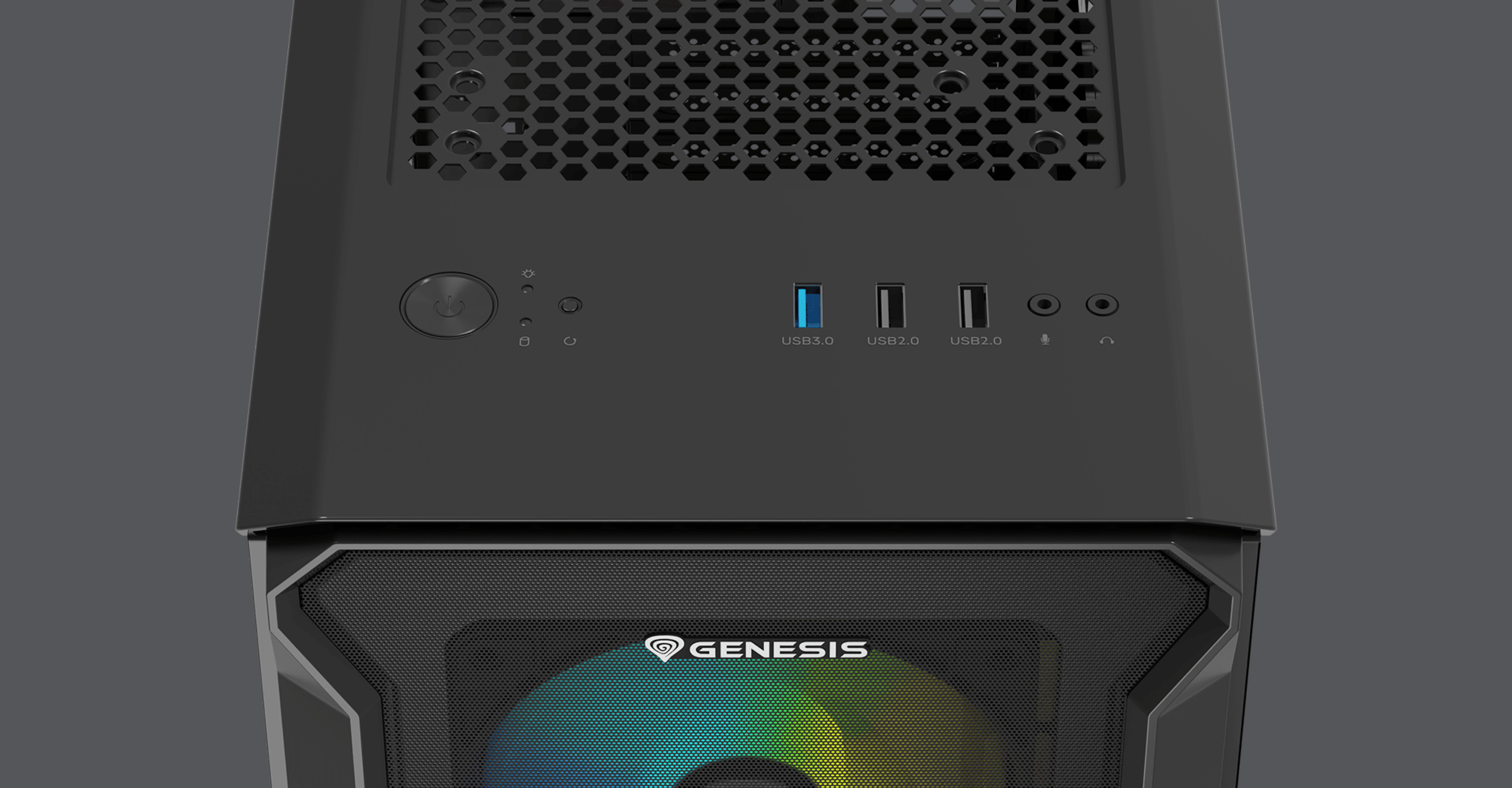 Boîtier mini tour Genesis Irid 503 ARGB V2 MATX noir doté d'une fenêtre transparente et de plusieurs ports d'entrée/sortie frontaux.
