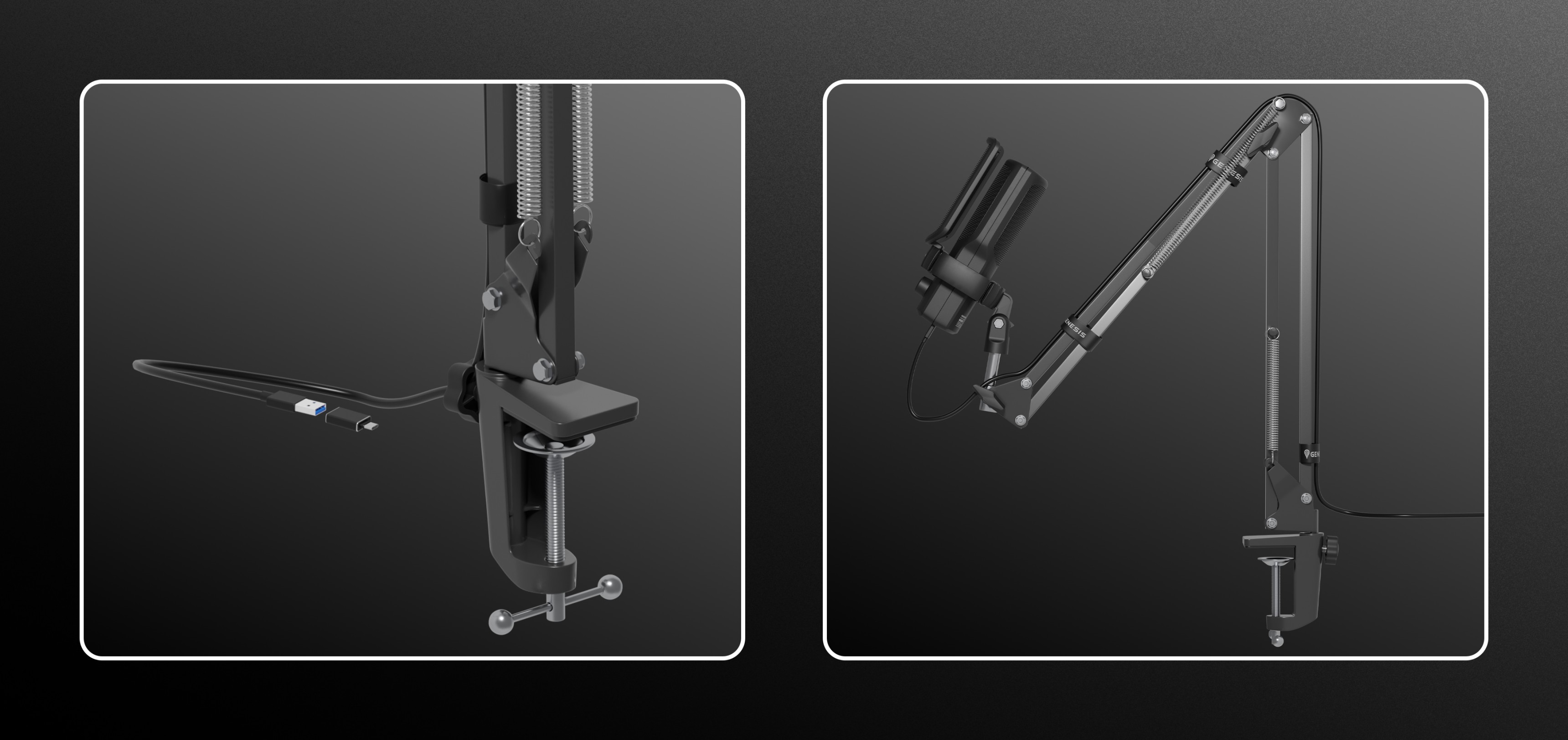 Bras de microphone USB noir avec des articulations réglables et une pince pour le montage sur le bureau, conçu pour la stabilité et la flexibilité.