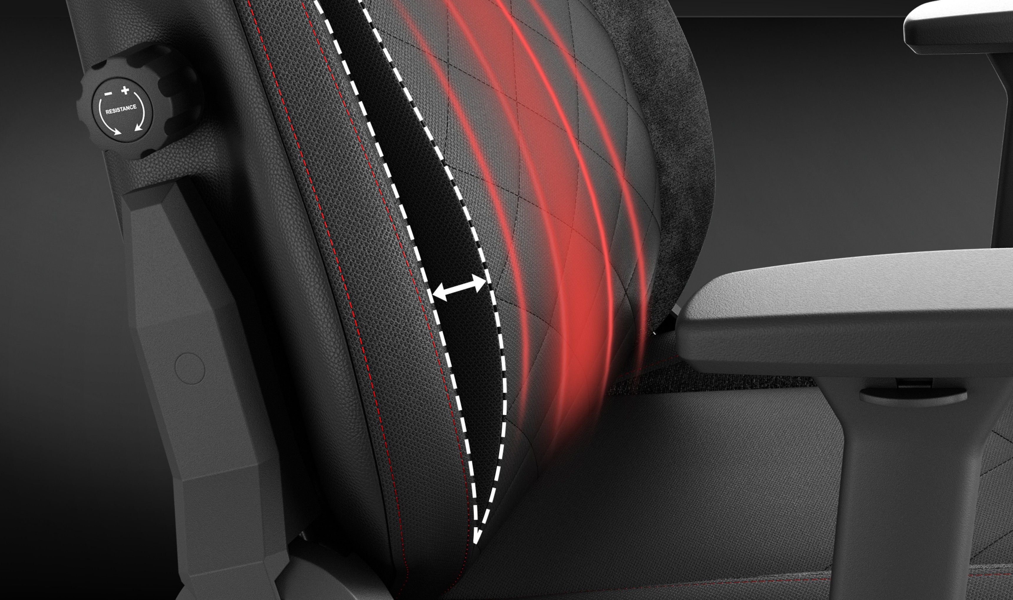 Gros plan sur le fauteuil de jeu Genesis Nitro 890 G2, mettant en valeur son design ergonomique noir et rouge avec des coutures détaillées.