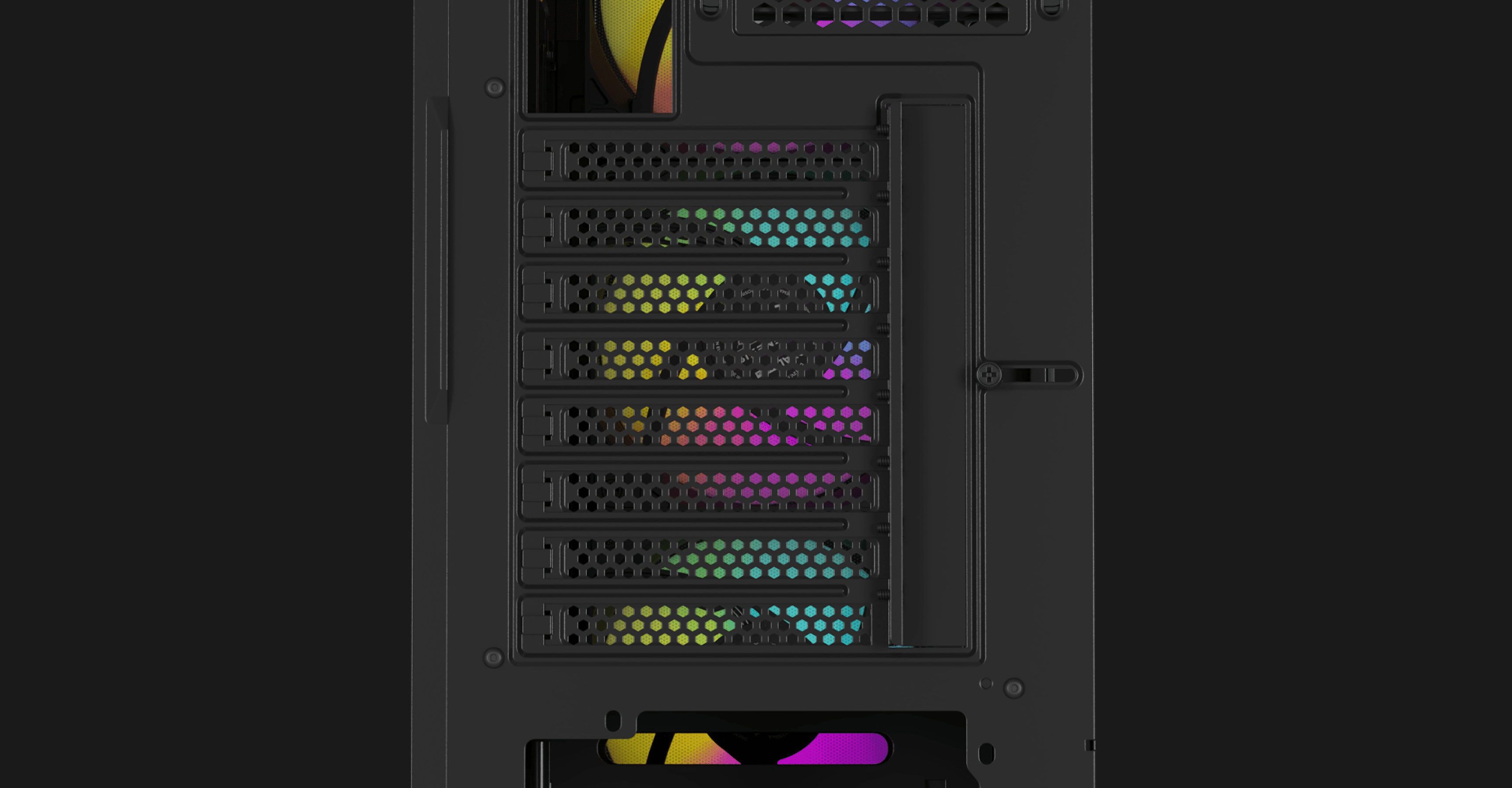 Boîtier PC mid-tower noir avec un affichage de ventilateur RVB et plusieurs emplacements d'extension. Comprend un panneau latéral fenêtré