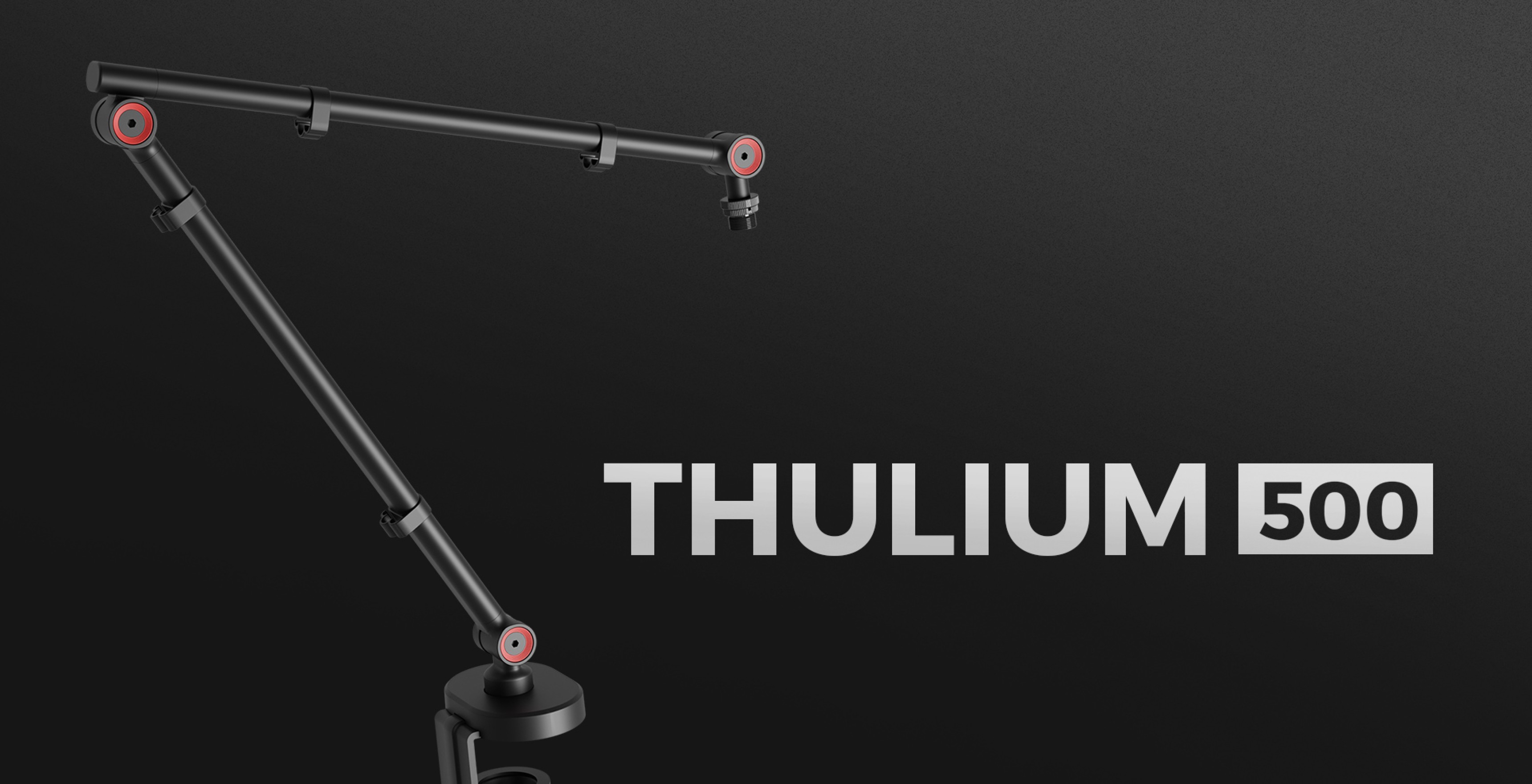 Bras de microphone réglable avec crochet pour casque d'écoute, étiqueté "THULIUM 500", dans un design noir élégant.