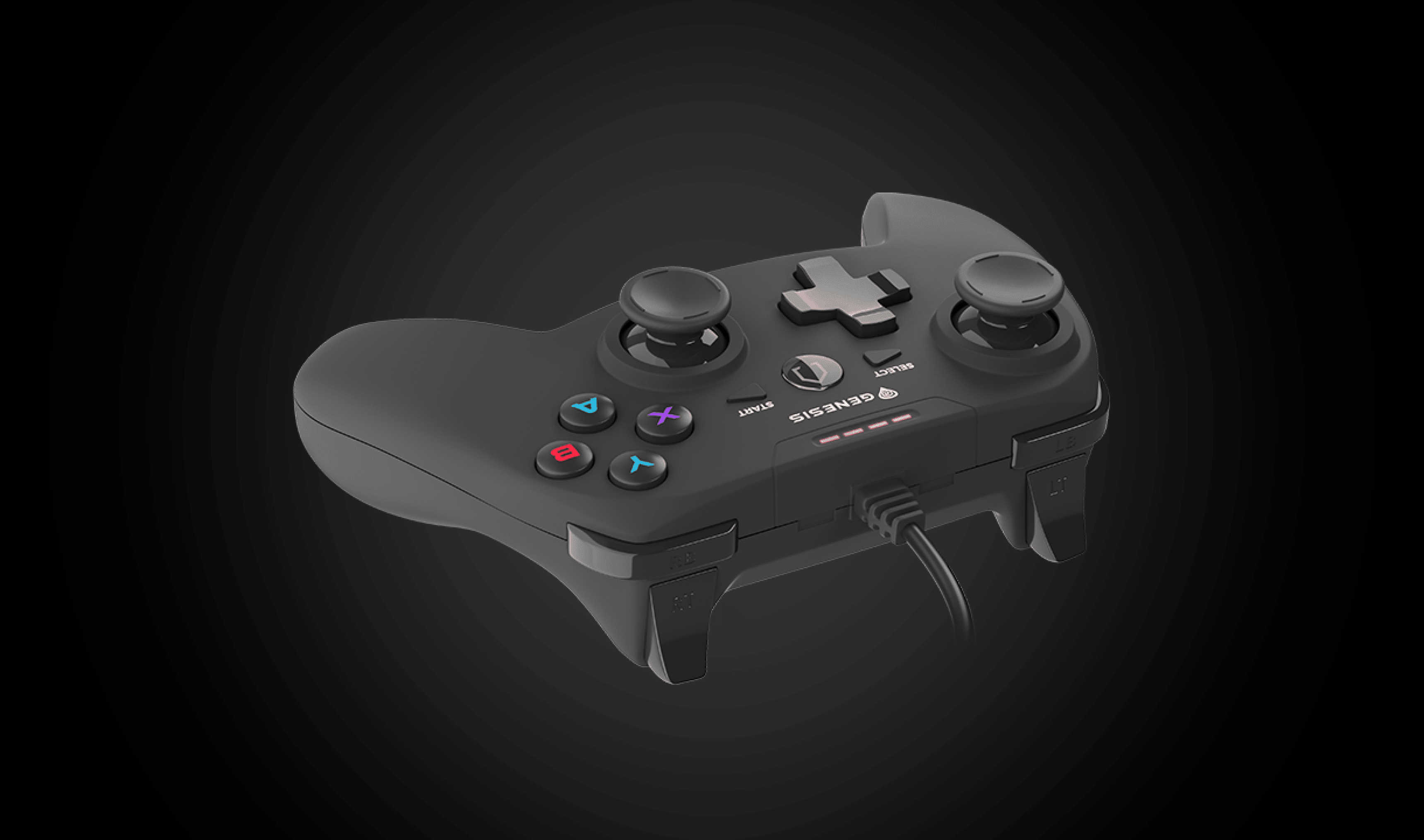 Manette de jeu Genesis Mangan P58 filaire pour PS3/PC, dotée de deux sticks analogiques, de boutons d'action et d'un design ergonomique noir.