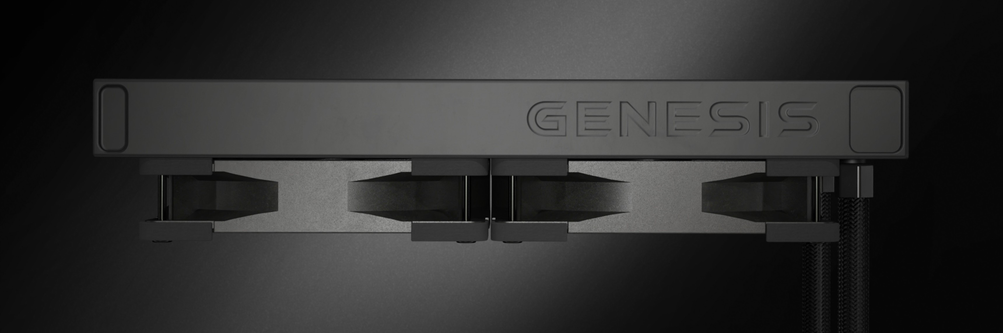 Système de refroidissement à eau noire Genesis Hydria 240 avec un design élégant et une configuration à double ventilateur visible sur le dessus.