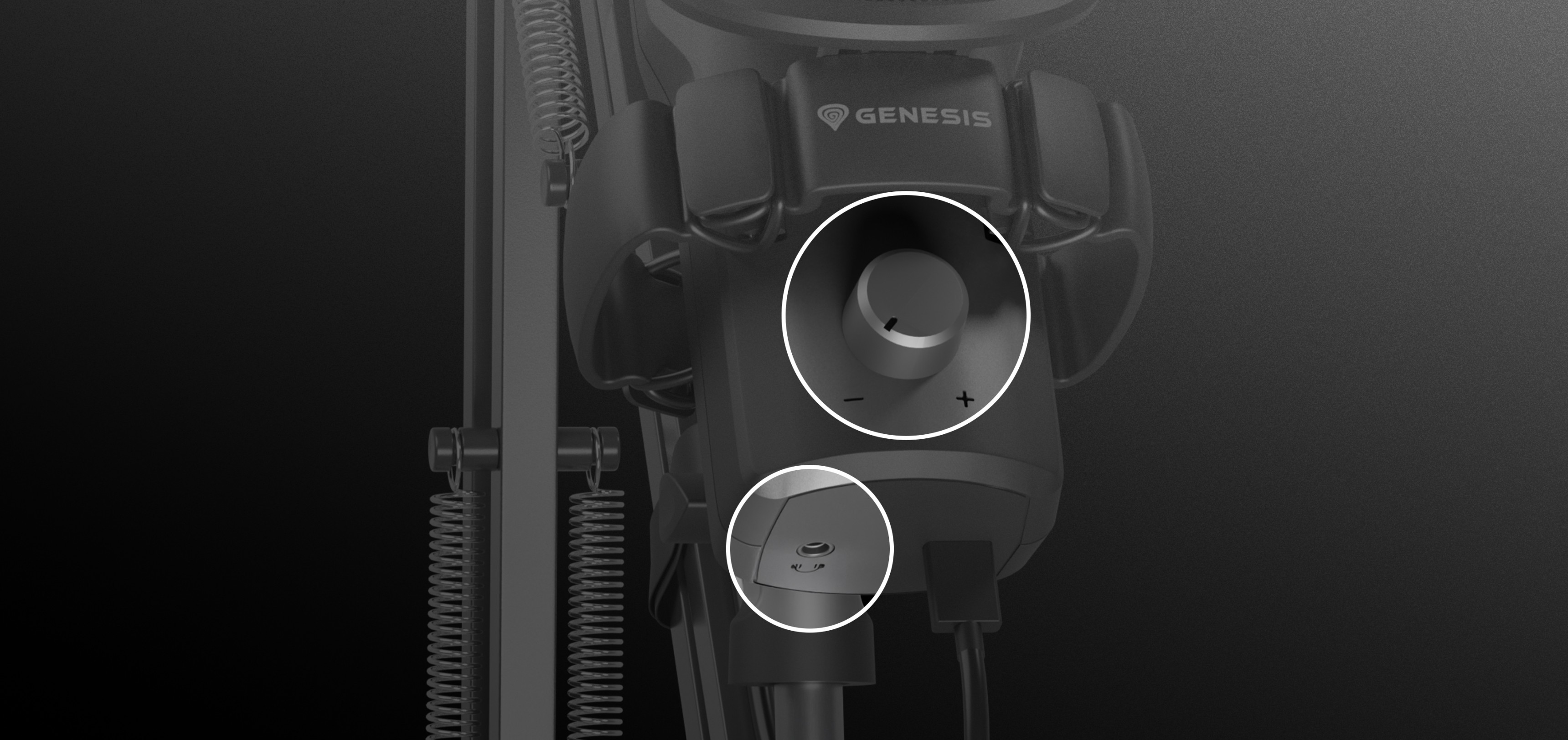 Gros plan sur le panneau de commande du microphone Genesis Radium 251 USB, qui comporte des boutons de volume et de sourdine sur un bras noir.