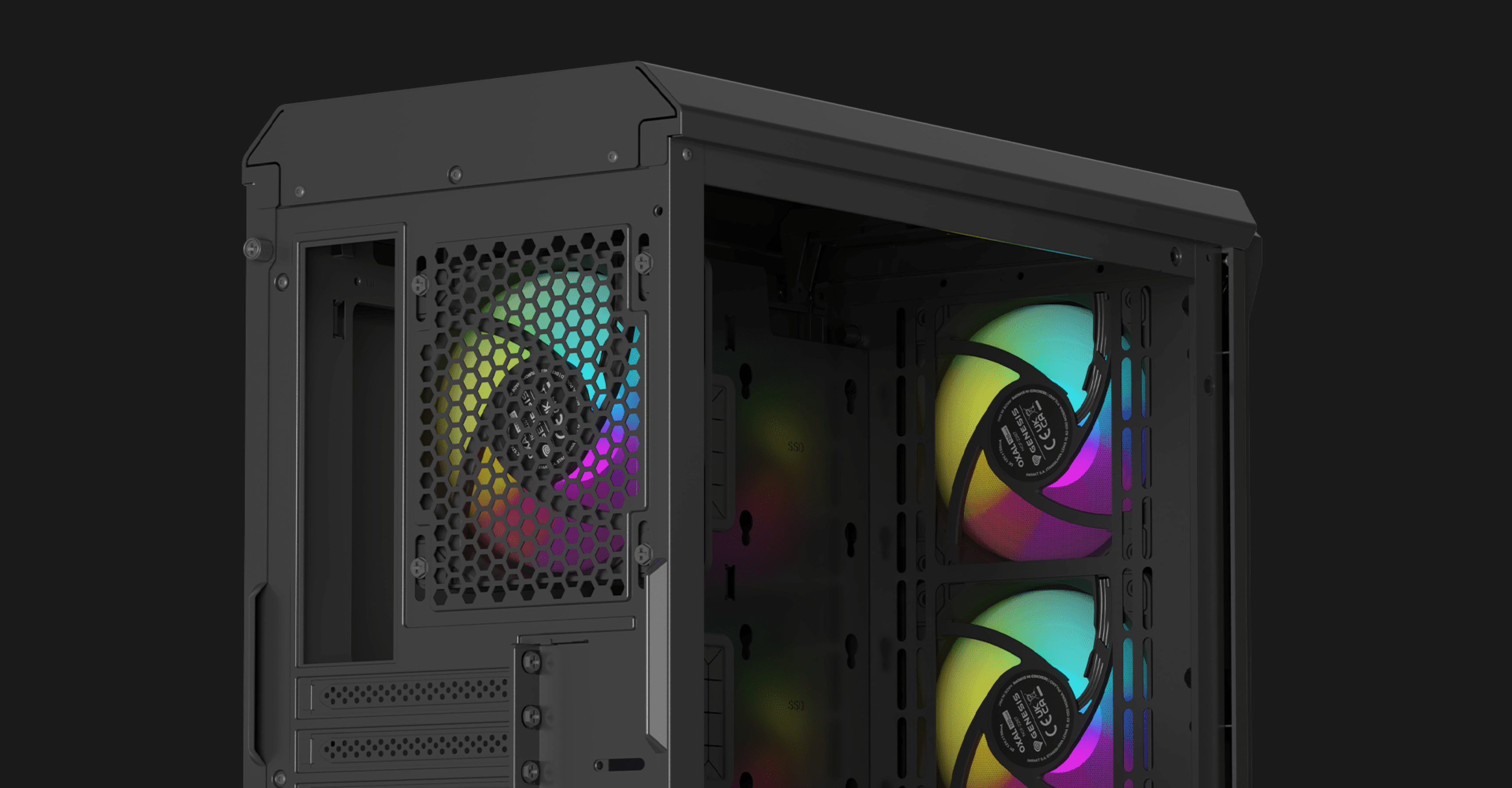 Boîtier mini tour MATX noir avec fenêtre latérale, doté de ventilateurs RVB à l'intérieur pour un éclairage vibrant.