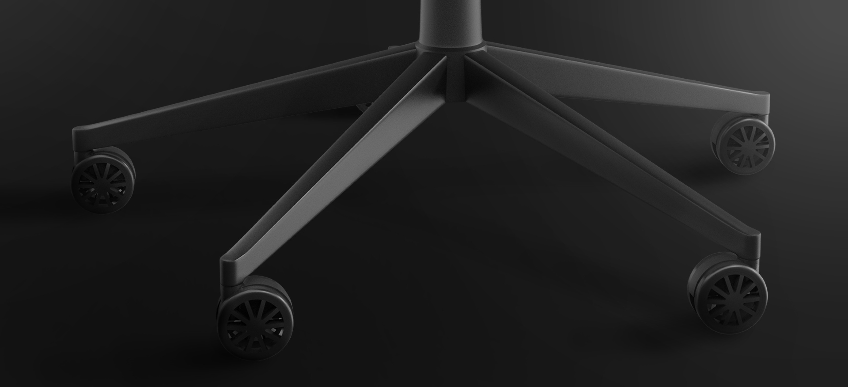 Base de chaise de jeu noire avec un design à cinq pieds et des roulettes roulantes.