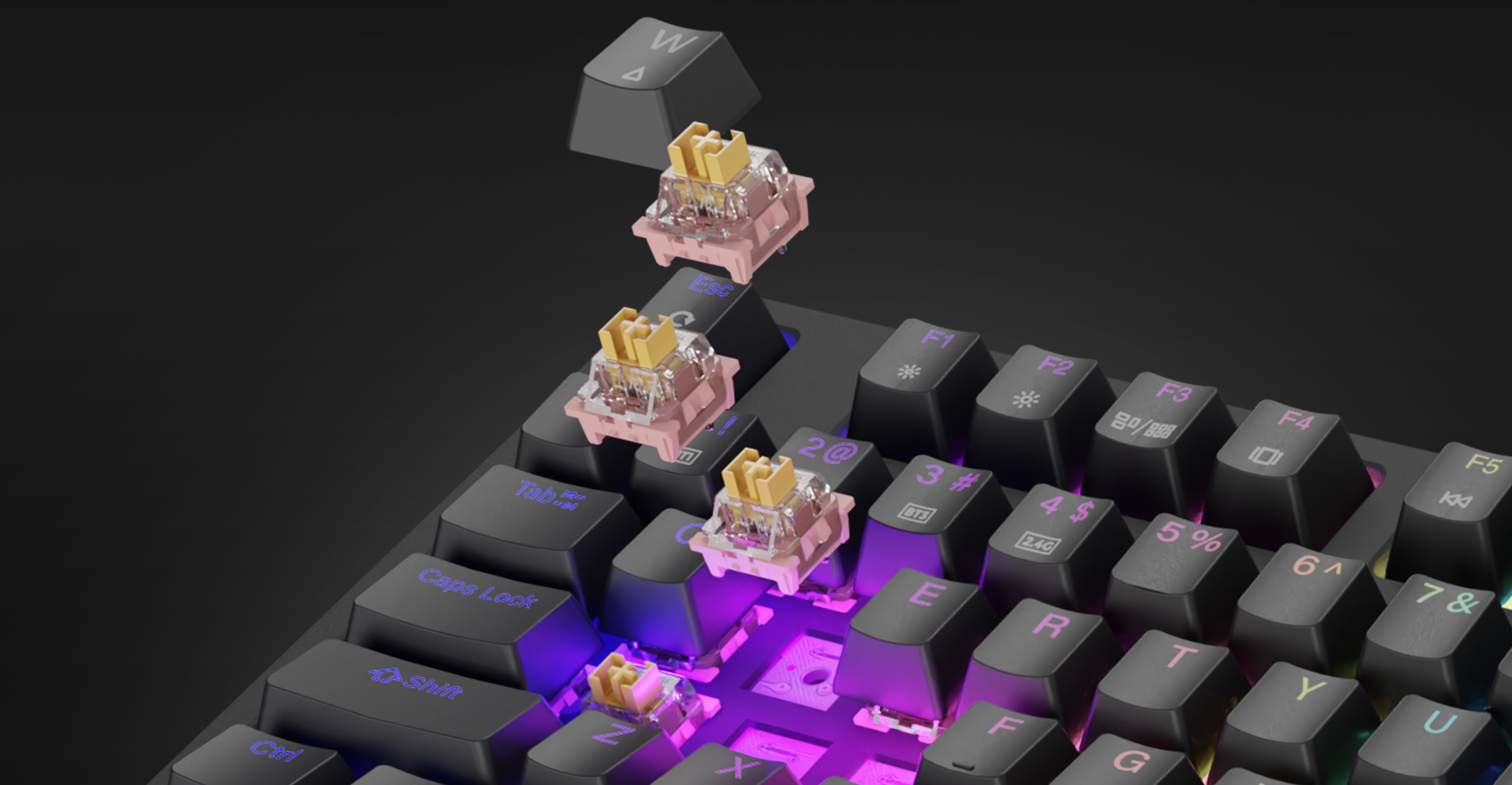 Clavier de jeu mécanique sans fil doté de commutateurs Outemu, d'un rétroéclairage RVB et d'un design TKL compact avec les capuchons de touches retirés.