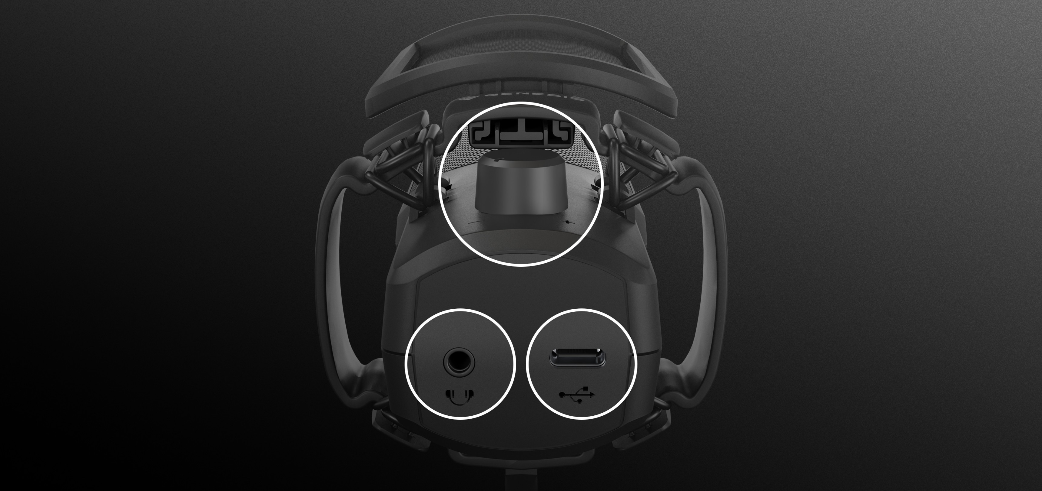 Vue rapprochée du dessous du microphone Genesis Radium 250 USB, montrant les ports de connexion, y compris l'USB et la sortie audio.