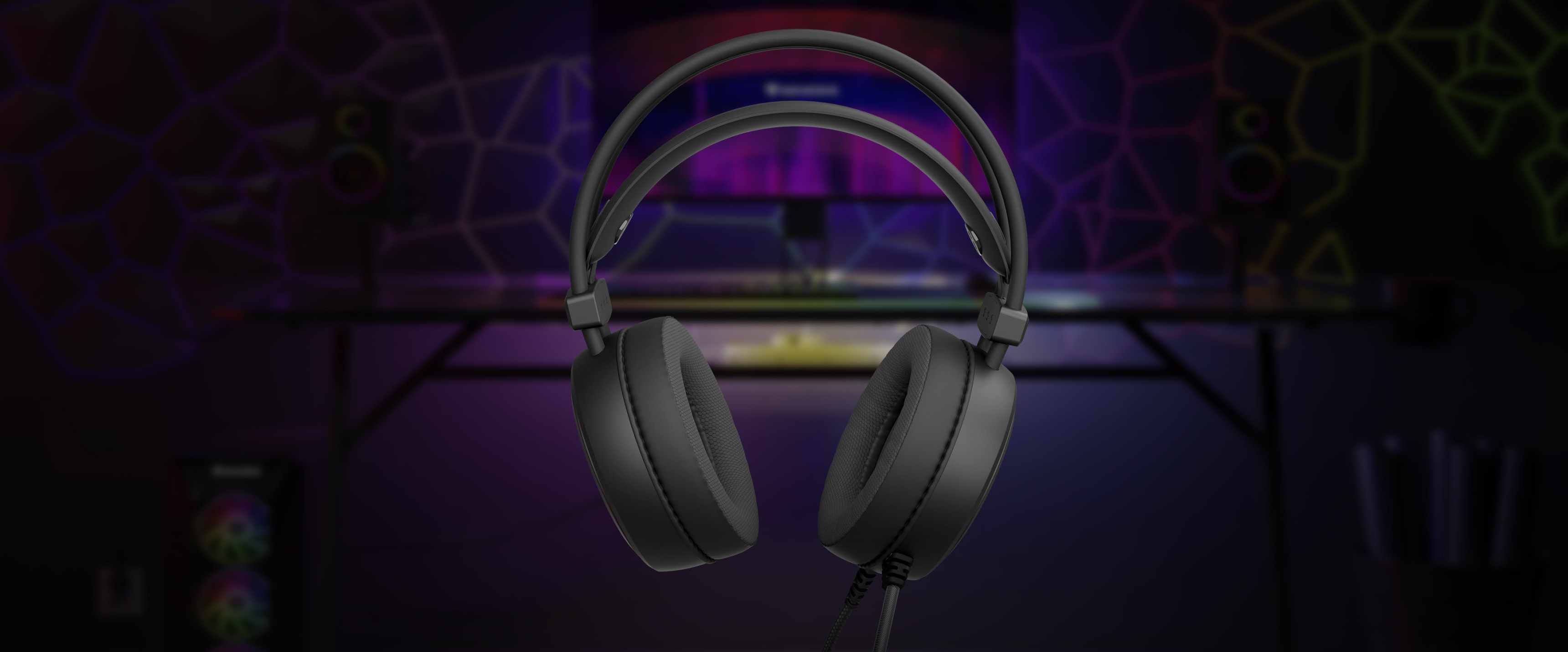 Casque supra-auriculaire Genesis Neon 613 G2 RGB noir avec microphone, sur fond de jeu coloré.