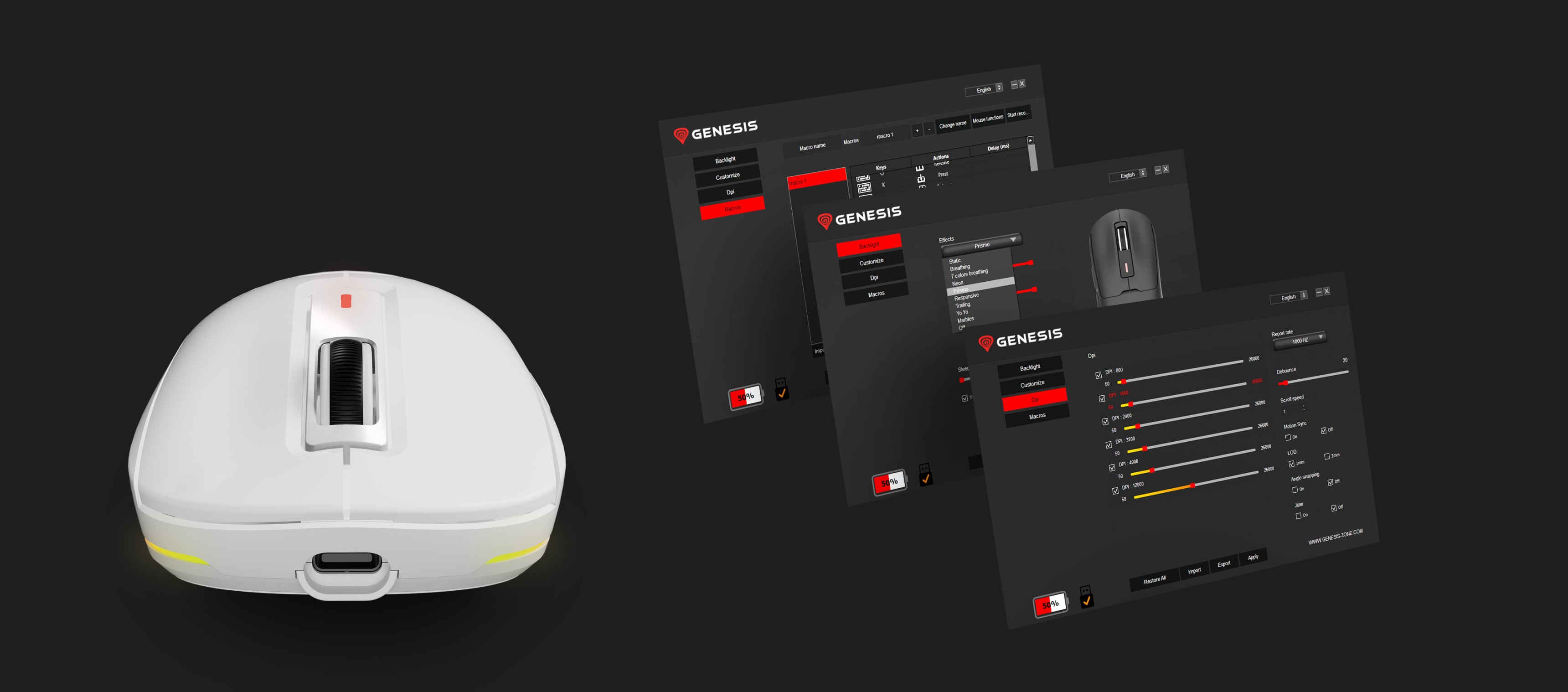 Souris de jeu sans fil Genesis Zircon 660 Pro en blanc avec les paramètres DPI affichés sur un fond d'interface noir.