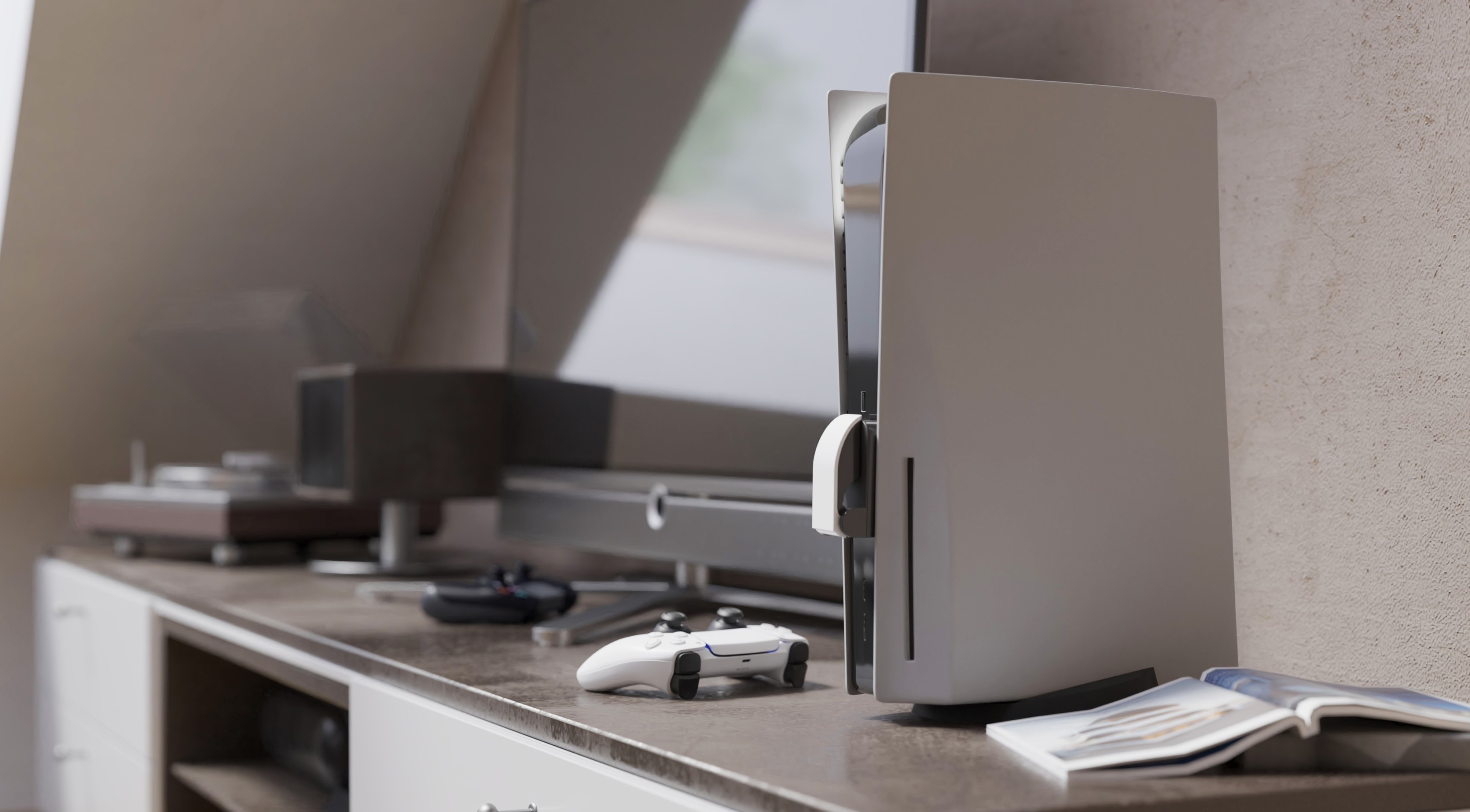 Chargeur pour Genesis Tin 300 dock de chargement à deux manettes pour PS5, présenté sur un centre de divertissement moderne.