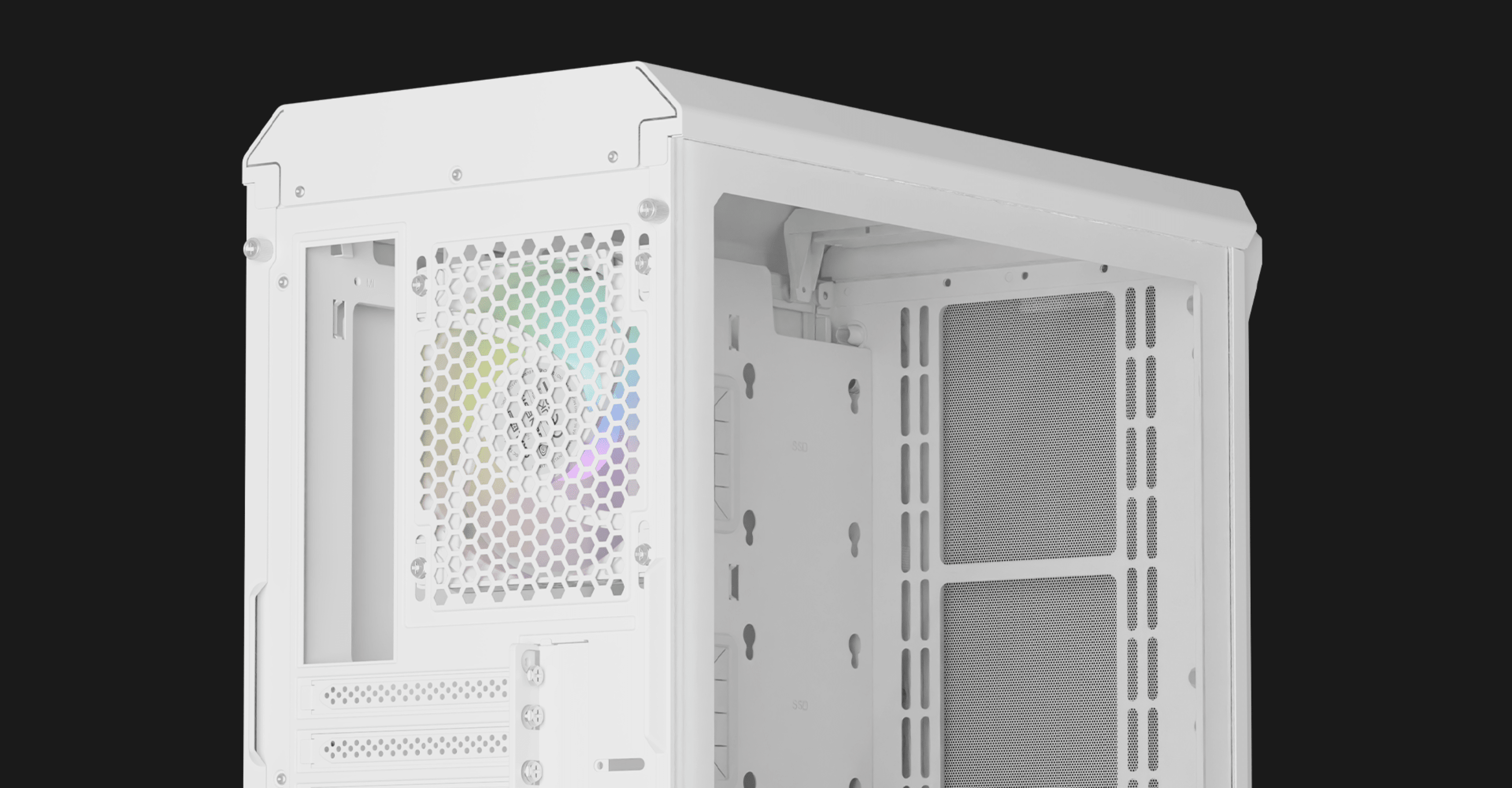 Boîtier PC mini tour MATX blanc avec fenêtre latérale et ventilateur ARGB, doté d'un design épuré et d'une ventilation en maille.
