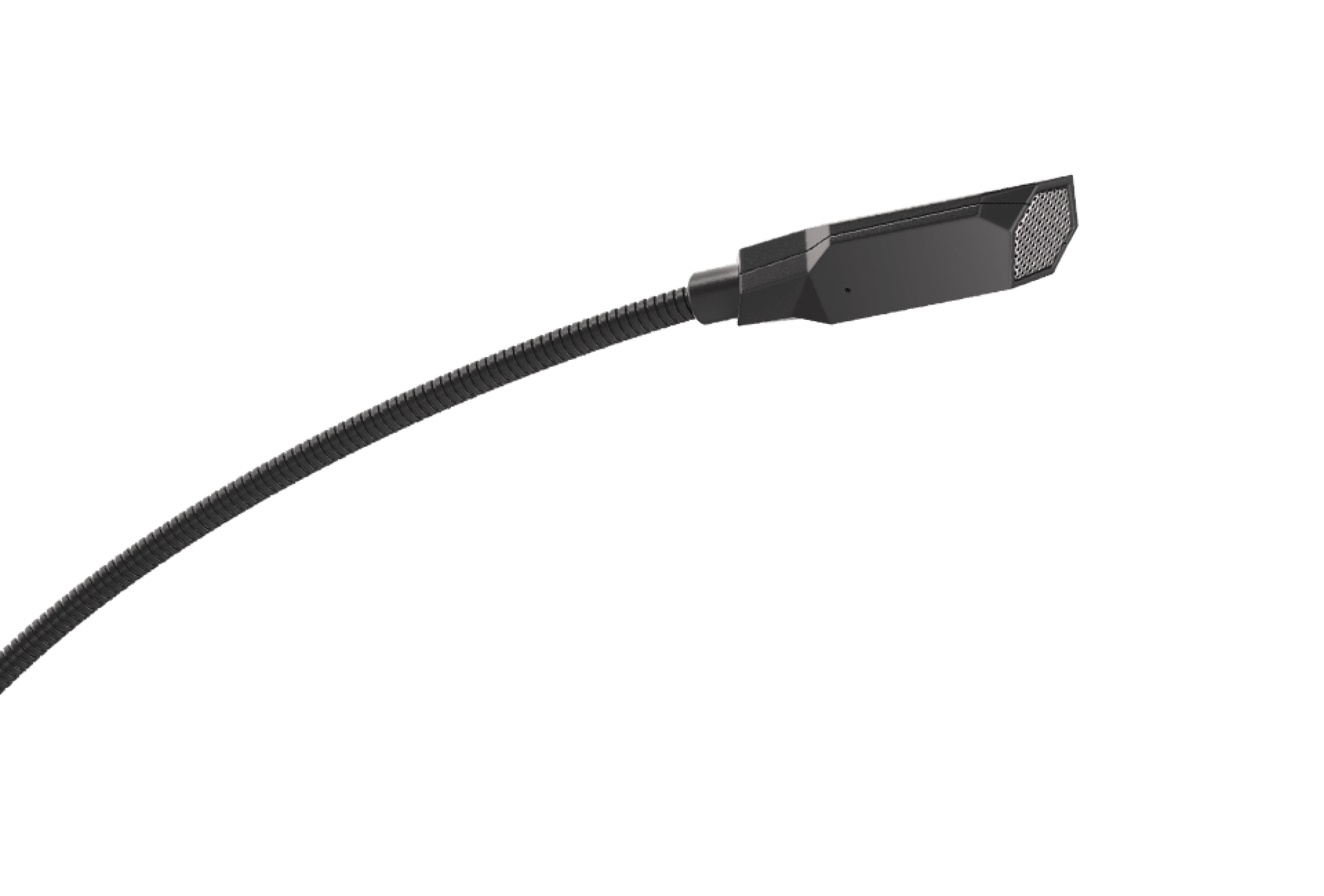 Microphone noir avec un bras flexible et une grille en maille pour la capture du son, conçu pour un enregistrement audio de haute qualité.