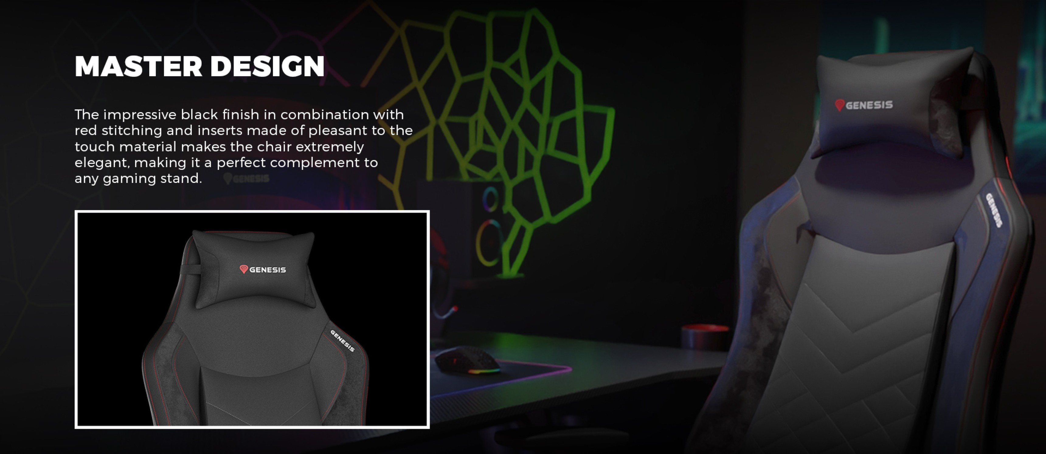 Chaise de jeu noire avec surpiqûres rouges et design élégant, adaptée à toute configuration de jeu.
