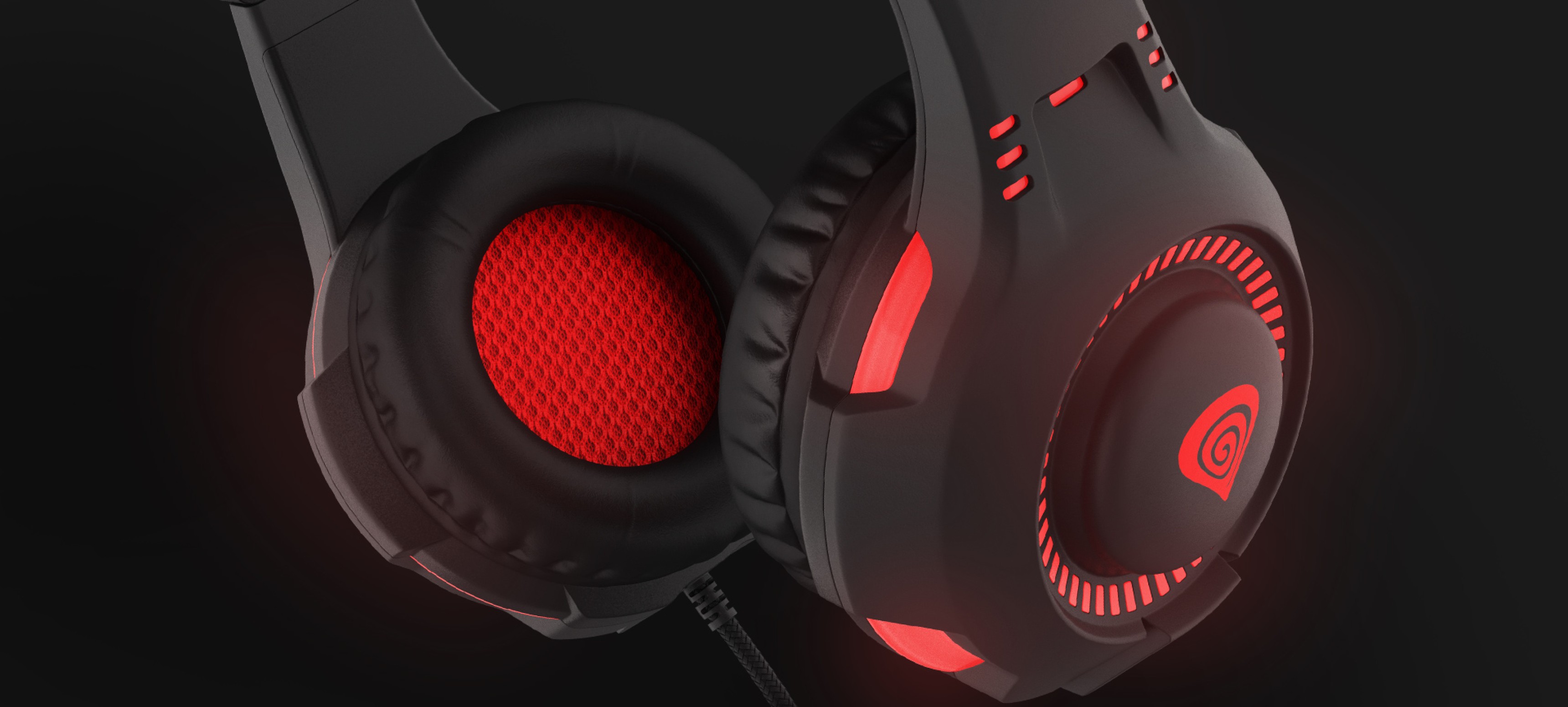 Casque gaming Genesis Radon 210 7.1 USB noir et rouge avec un microphone et des éléments lumineux.