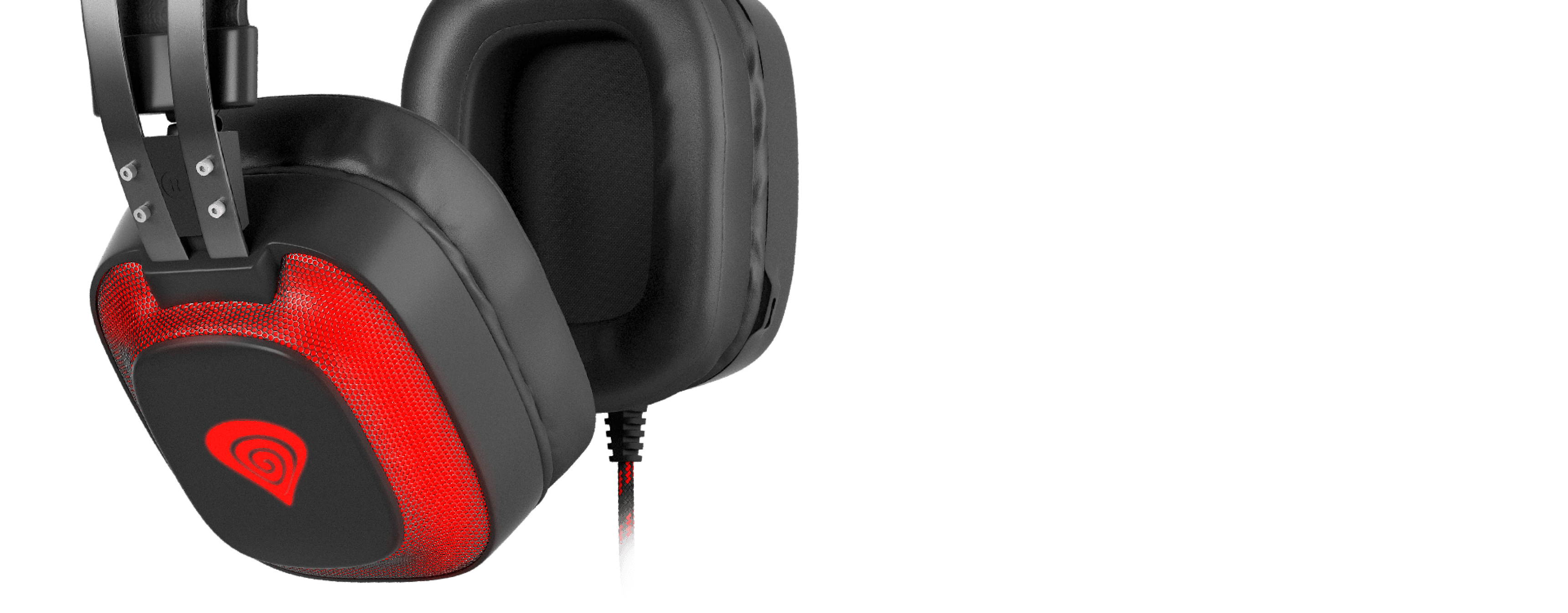 Casque supra-auriculaire noir et rouge avec une fonction de son surround 7.1 et un microphone intégré, conçu pour les jeux.