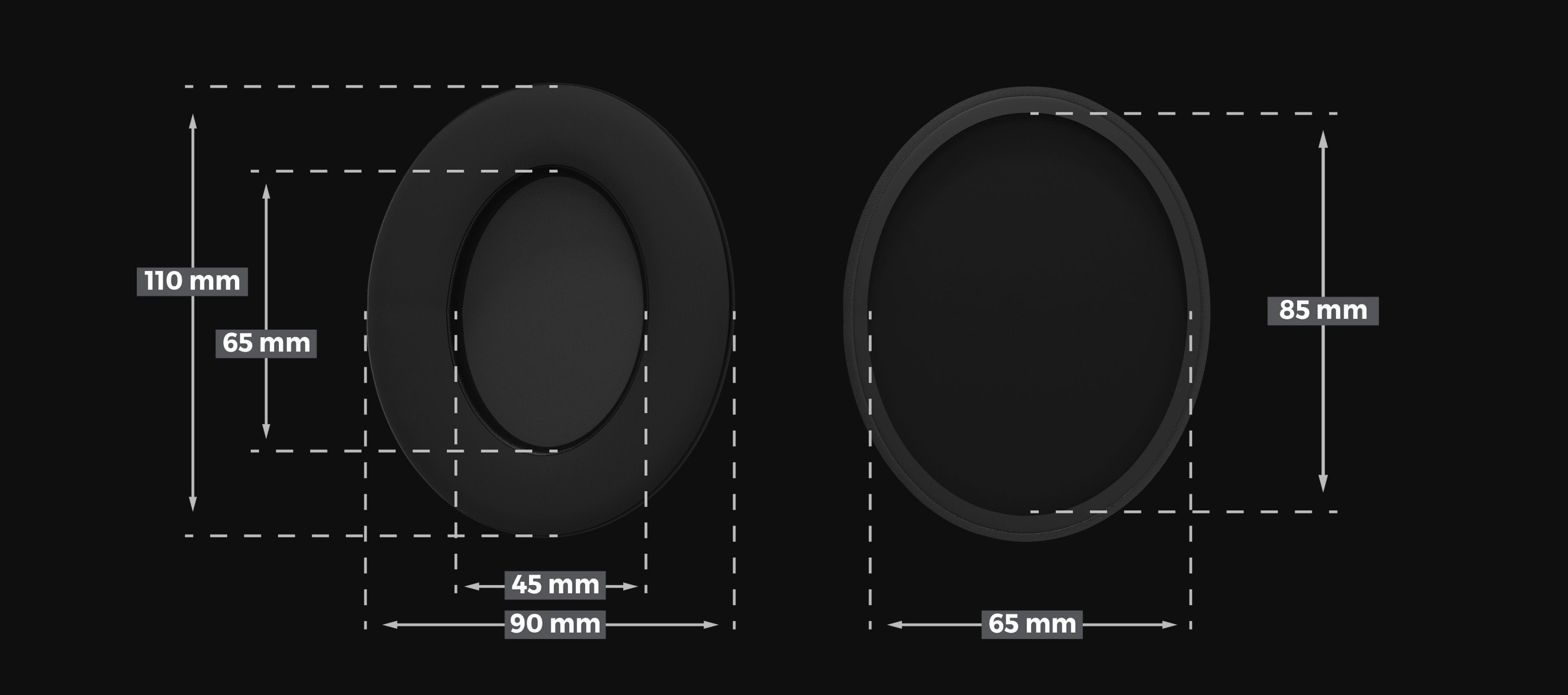 Coussinets hybrides pour le casque Genesis Toron EP01, avec dimensions étiquetées pour référence de taille.