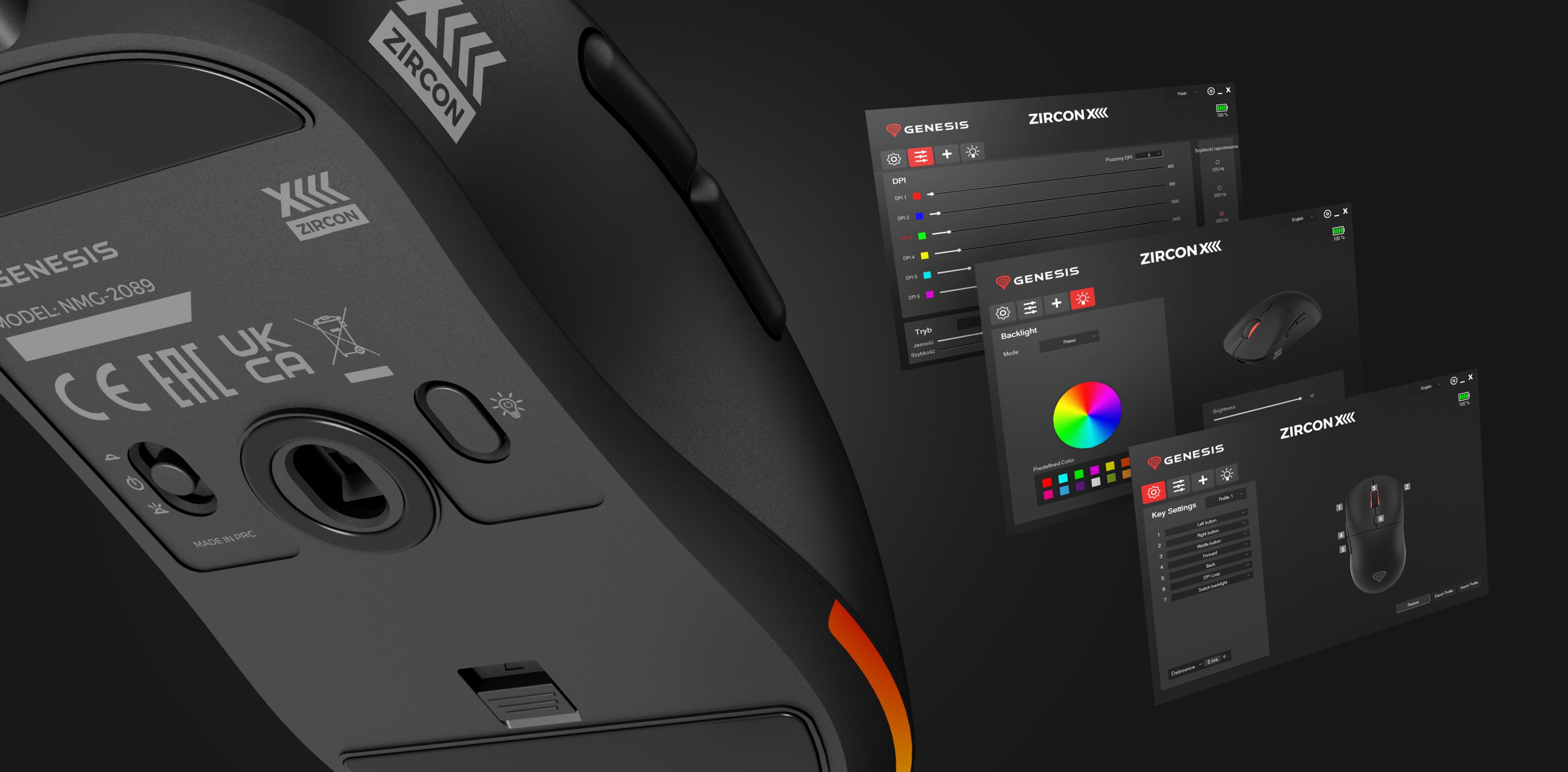 Souris de jeu sans fil avec des paramètres personnalisables et un DPI allant jusqu'à 26000. Comprend une interface logicielle affichée à l'écran.