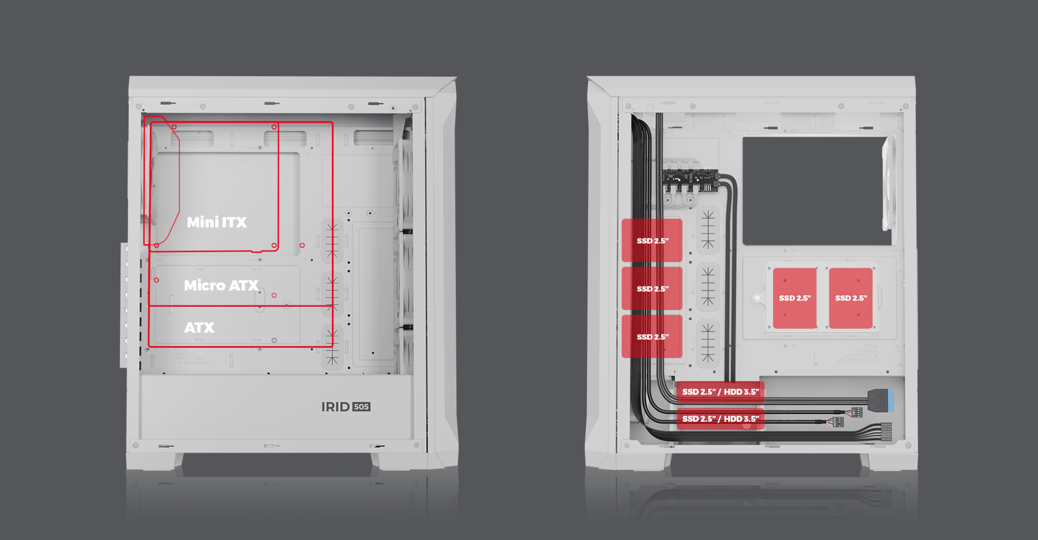 Boîtier tour blanc Genesis IRID 505 ARGB V2 MIDI avec fenêtre, montrant les tailles de compatibilité des cartes mères et la disposition interne.