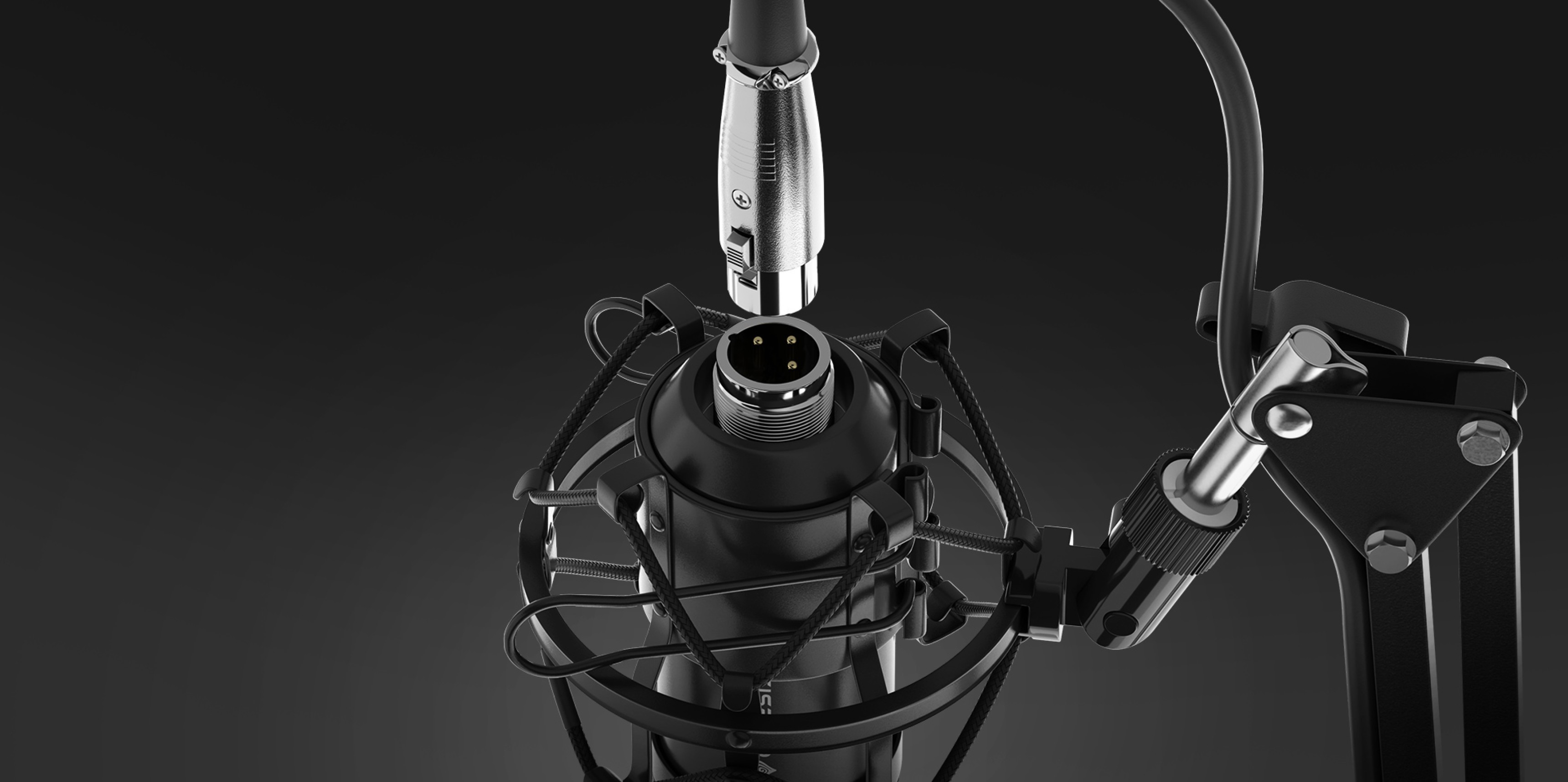 Gros plan sur le microphone de studio Genesis Radium 300 doté d'un connecteur XLR et d'un filtre anti-pop, monté sur un bras robuste.