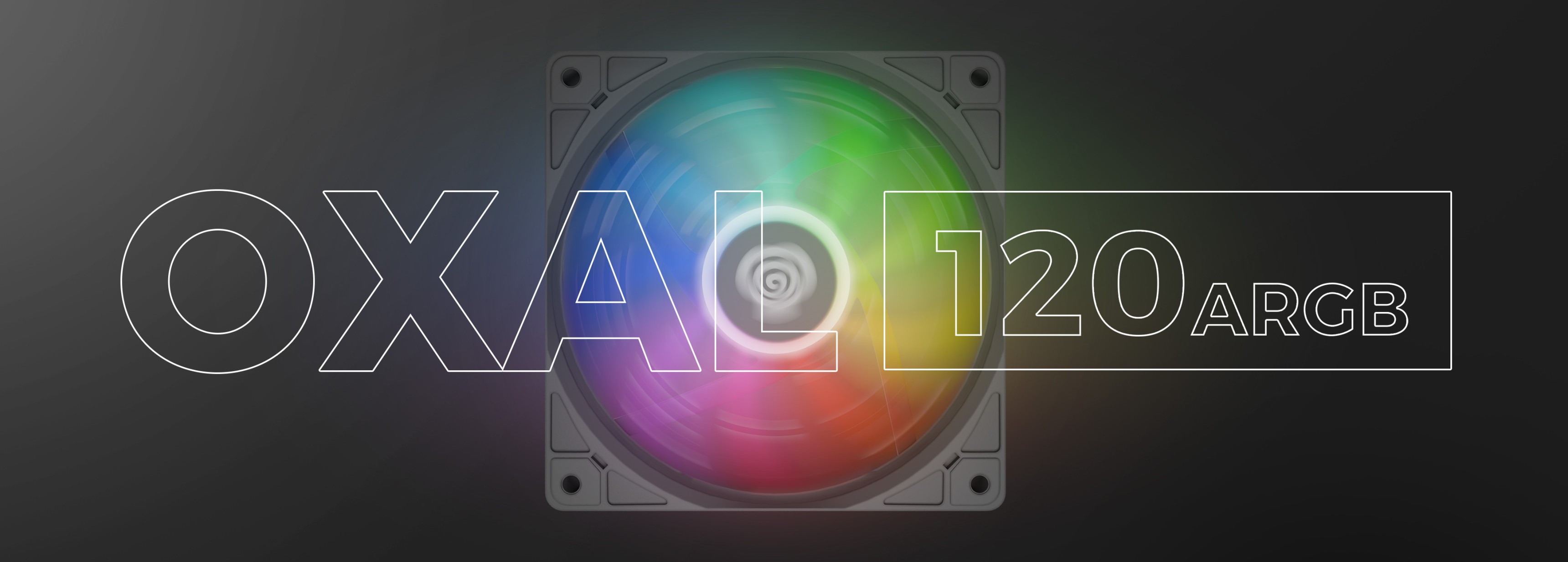 Ventilateur ARGB noir avec un centre coloré et illuminé, étiqueté "OXAL 120 ARGB" sur un fond sombre.