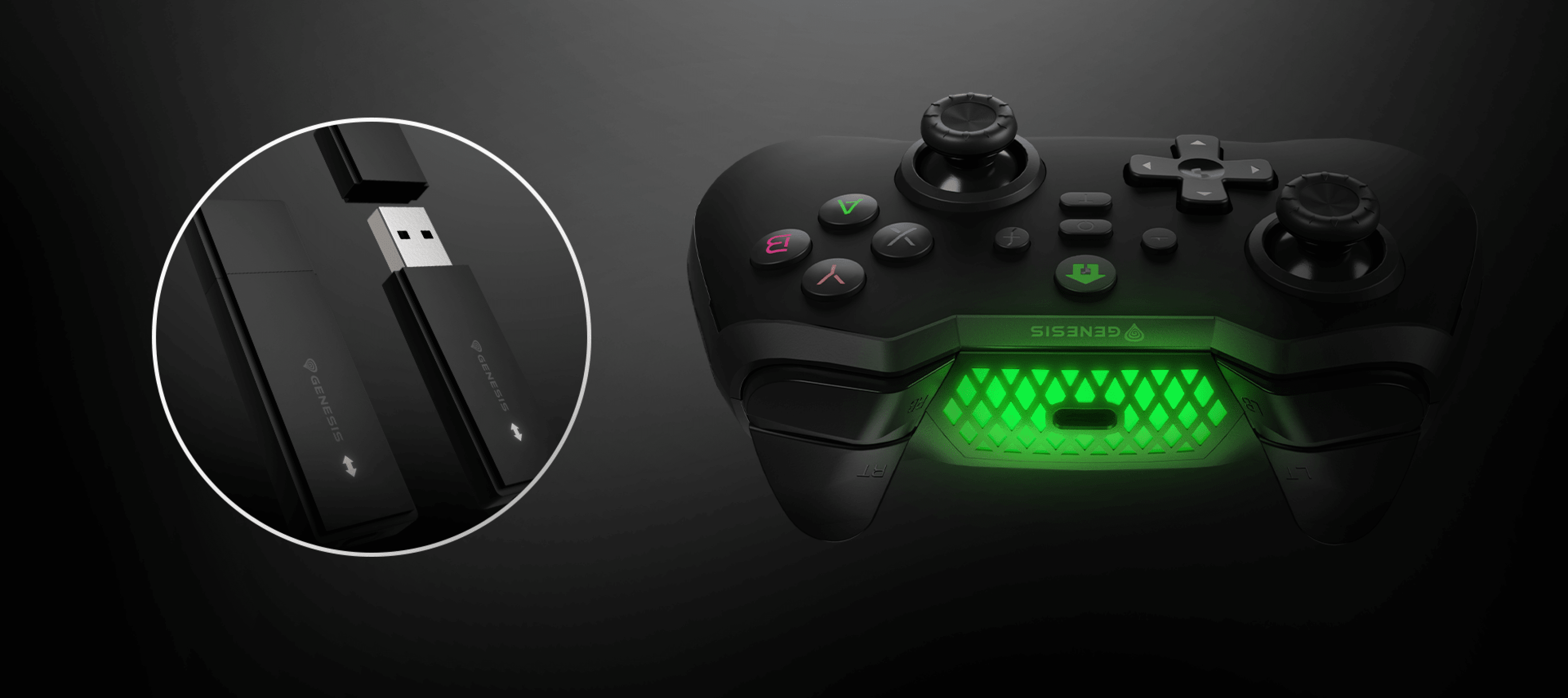 Manette de jeu sans fil Genesis Mangan 400 en noir, dotée de lumières LED colorées et d'un récepteur USB pour PC, Switch et appareils mobiles.