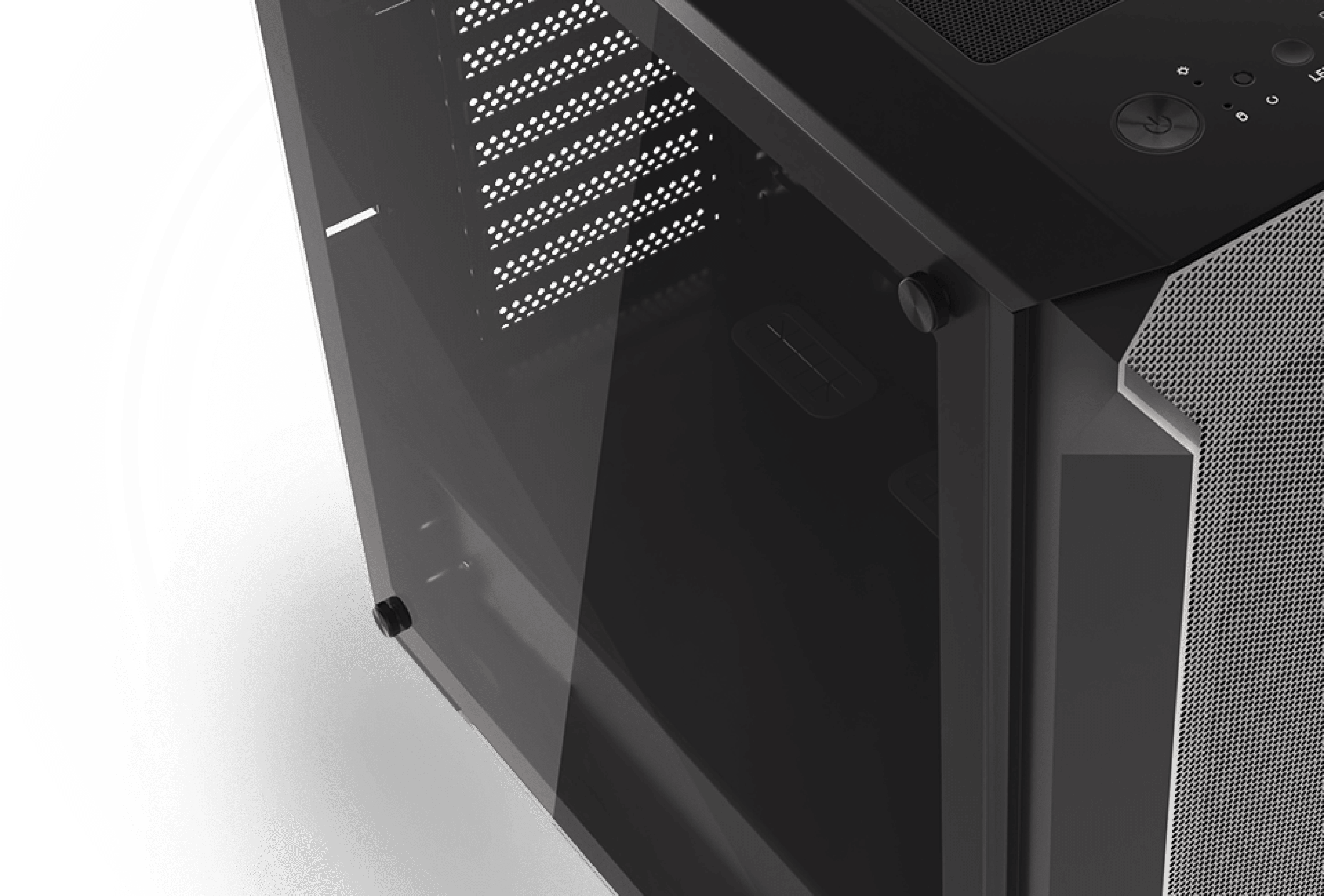 Boîtier tour MIDI Genesis IRID 505 V2 noir avec fenêtre latérale transparente et panneau avant ventilé.