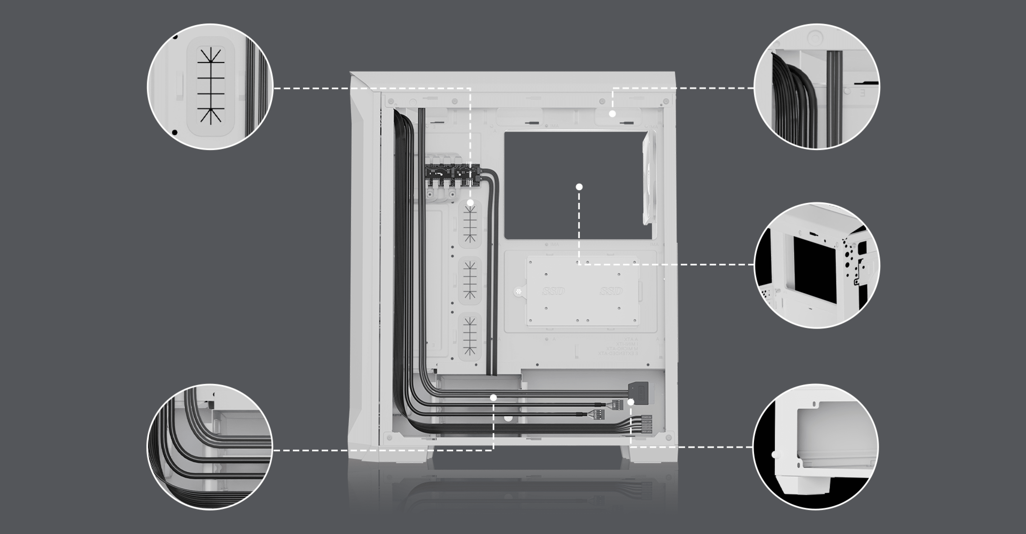 Boîtier tour midi Genesis Irid 505 ARGB V2 blanc avec diverses caractéristiques internes et options de gestion des câbles mises en évidence.