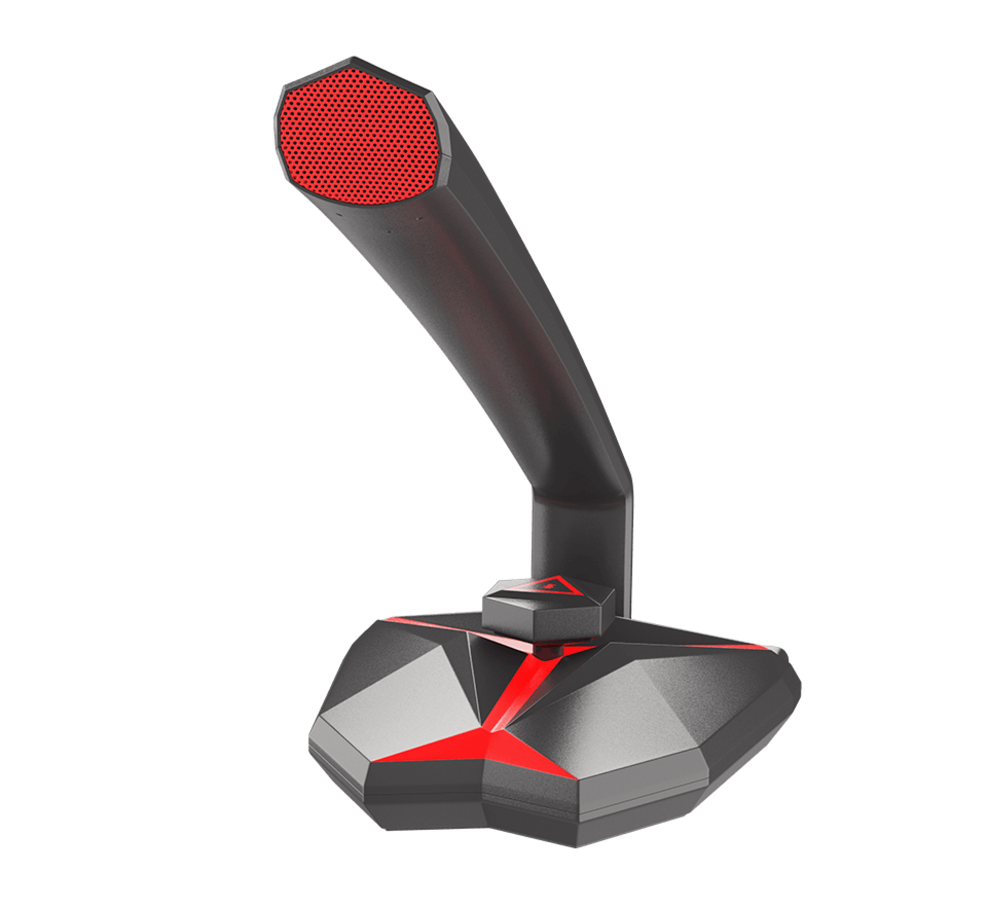Microphone Genesis Radium 200 noir et rouge avec un design élégant et anguleux et une grille en maille proéminente sur le dessus.
