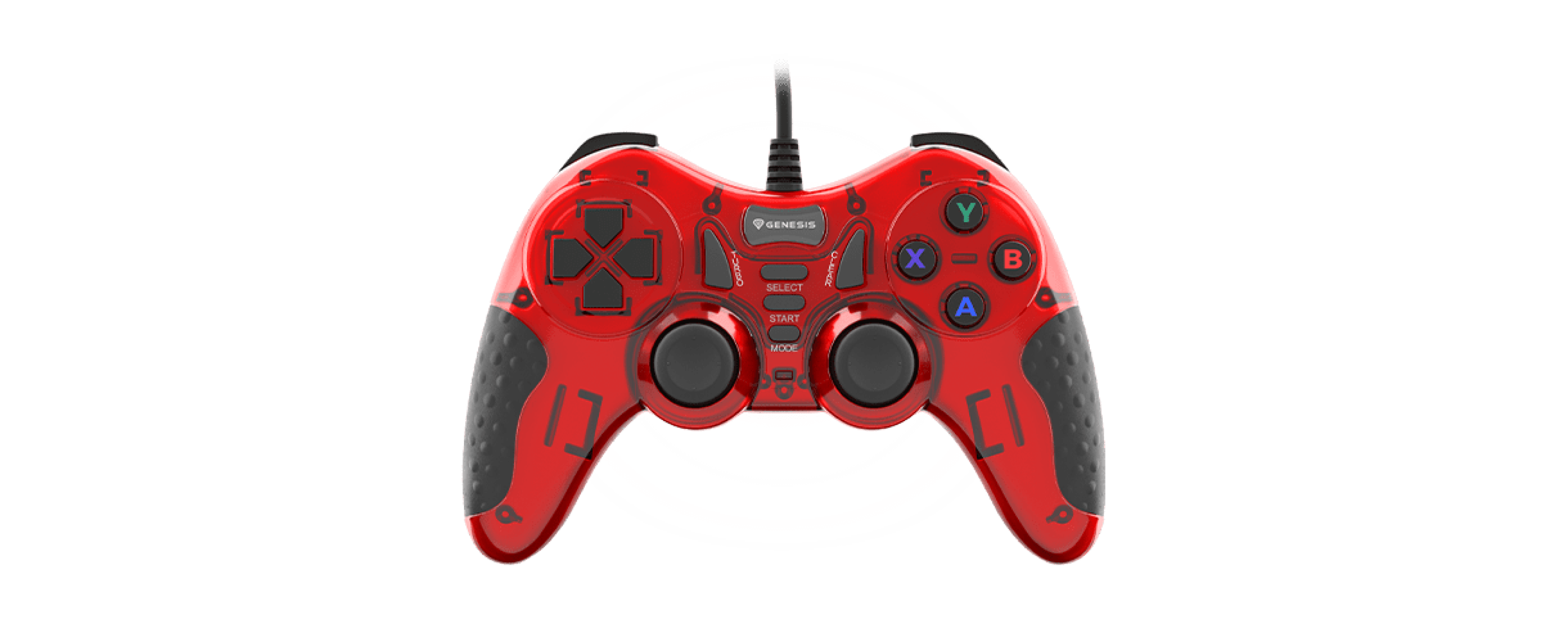 Manette de jeu Genesis Mangan 200 filaire pour PC en rouge, dotée de deux sticks analogiques et de divers boutons de contrôle.