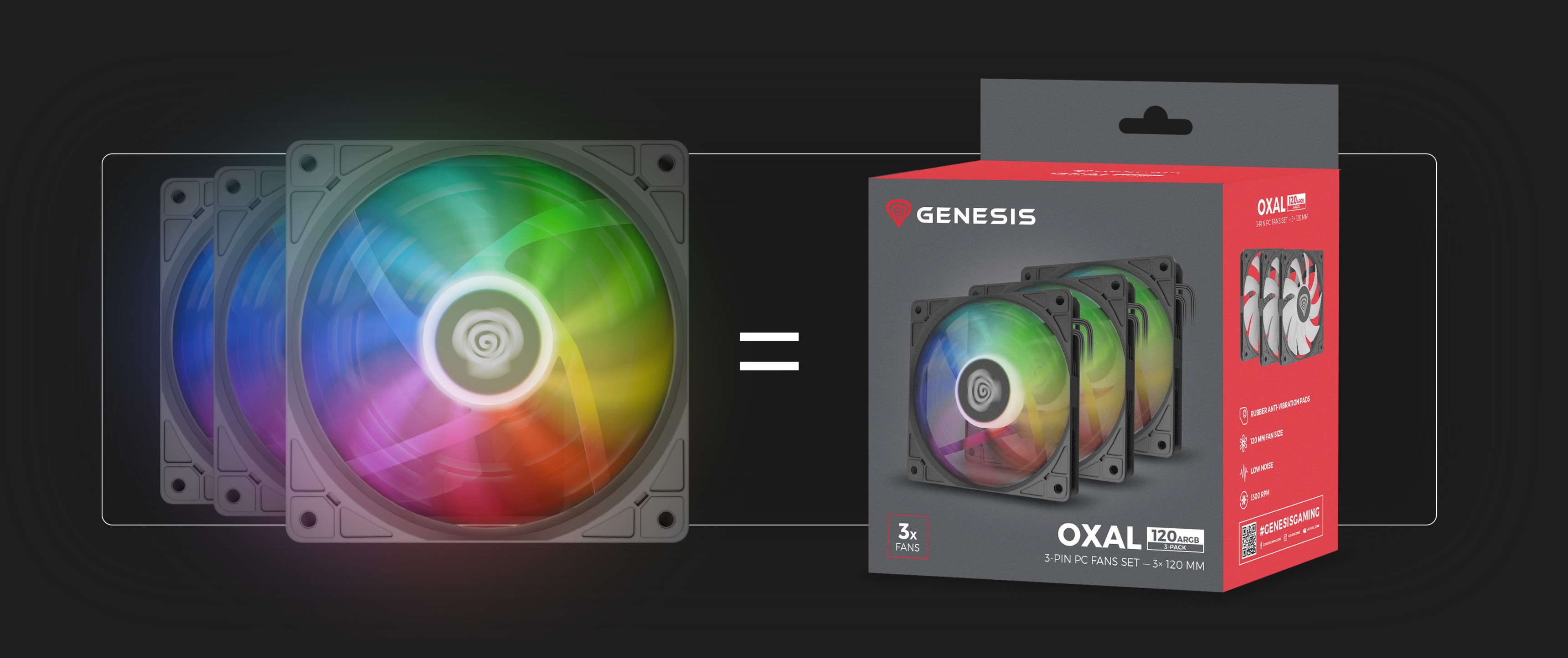 Trois ventilateurs noirs Genesis Oxal 120 ARGB avec des effets lumineux vibrants à côté de leur emballage.