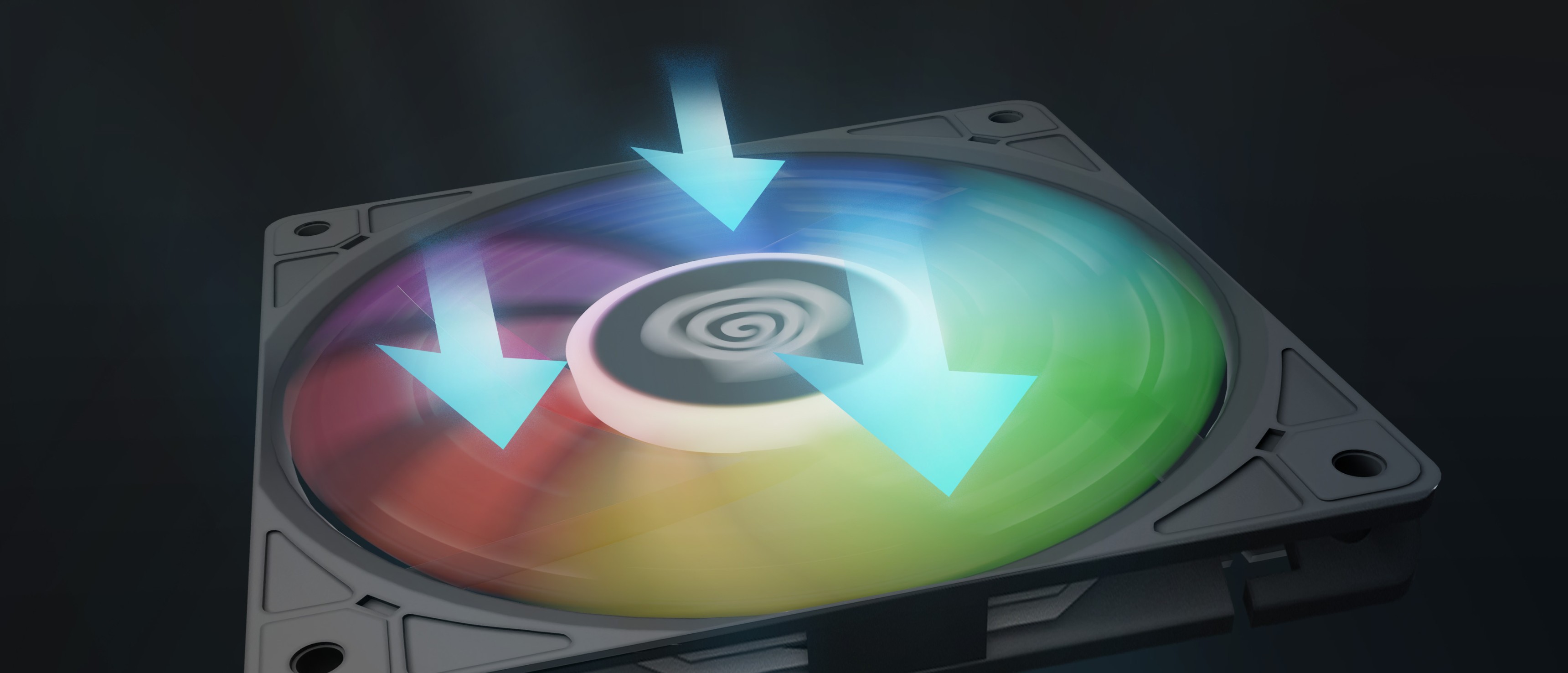 Ventilateur ARGB noir avec un effet lumineux coloré et tourbillonnant, mettant en valeur un design élégant pour améliorer le flux d'air.