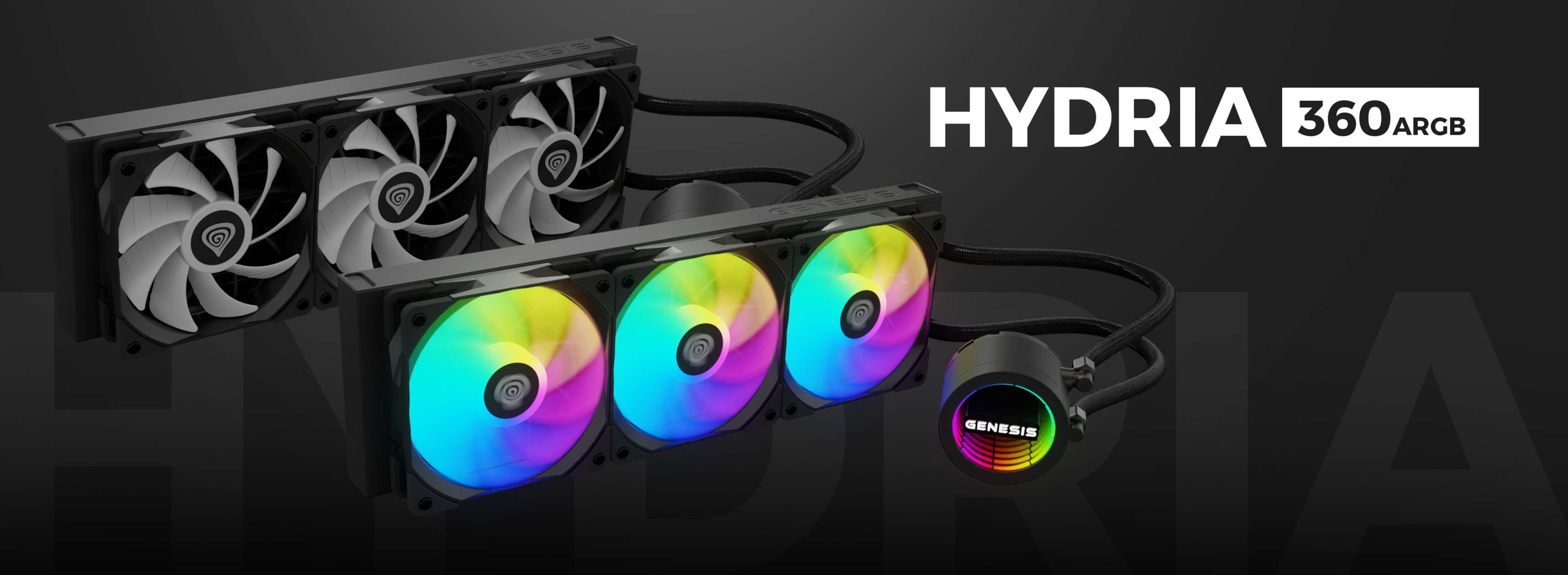Système de refroidissement à eau Genesis Hydria 360 ARGB en noir, doté de trois ventilateurs RGB et d'une pompe au design épuré.