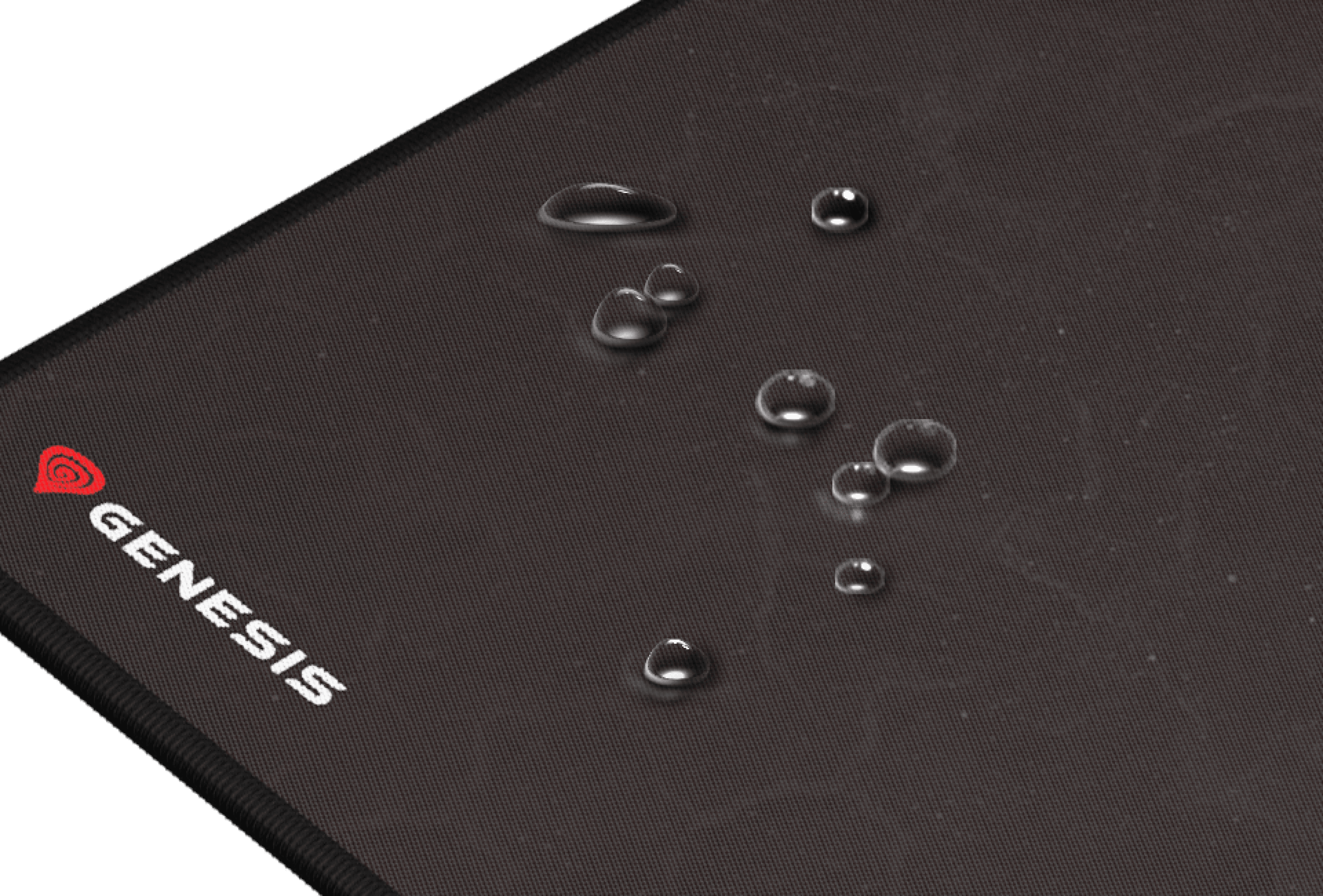 Grand tapis de souris de jeu noir avec des gouttes d'eau sur la surface et le logo Genesis dans le coin.