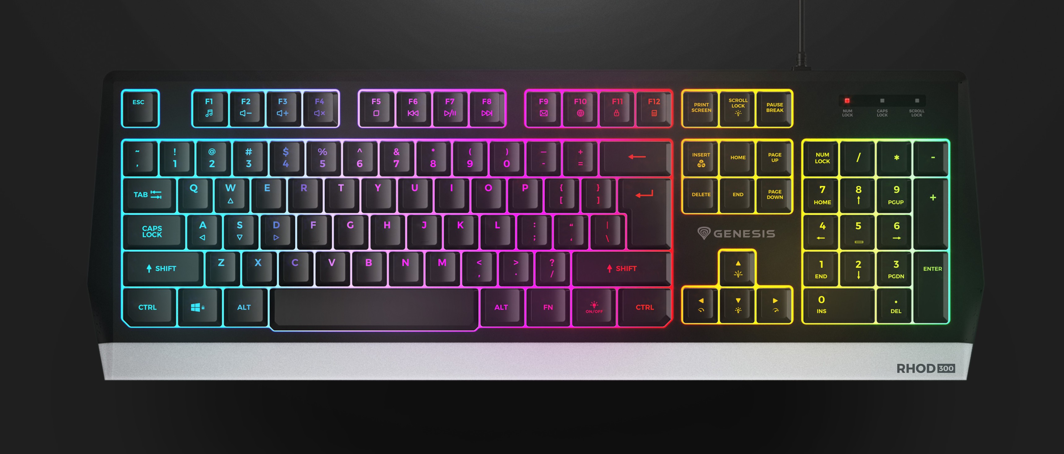 Clavier de jeu RVB au design épuré, doté d'un rétroéclairage personnalisable et d'une disposition ergonomique.