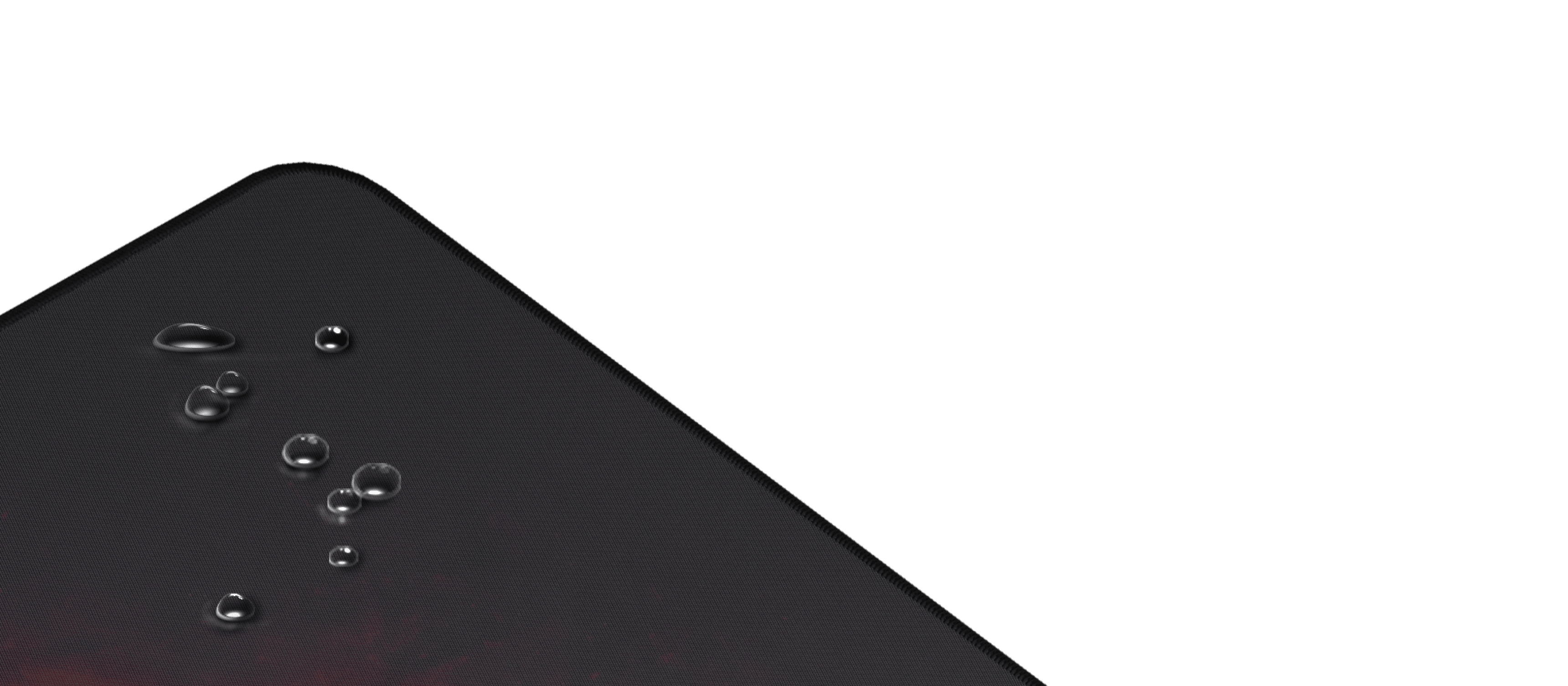 Tapis de souris Genesis Carbon noir avec une surface brillante, montrant des gouttes d'eau sur le coin. Dimensions 900x450mm