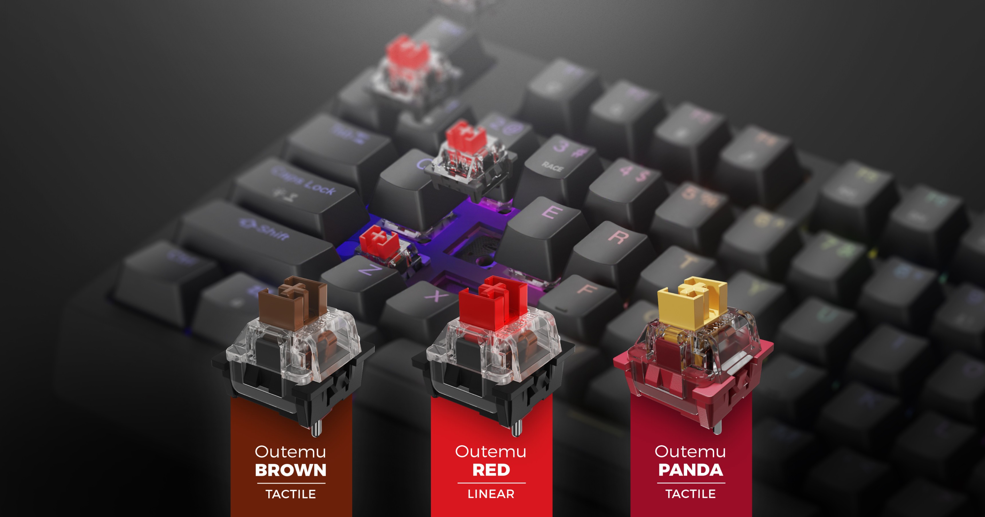 Gros plan sur un clavier mécanique doté de commutateurs Outemu Red, avec des icônes visuelles pour les commutateurs Brown et Panda en dessous.