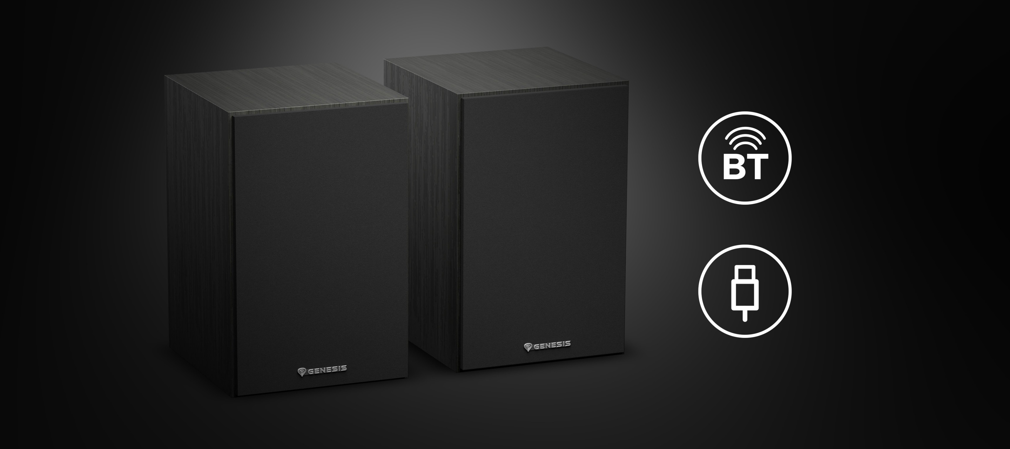 Haut-parleurs Genesis Arsen 302BT 2.0 noirs avec icônes de connectivité Bluetooth et USB