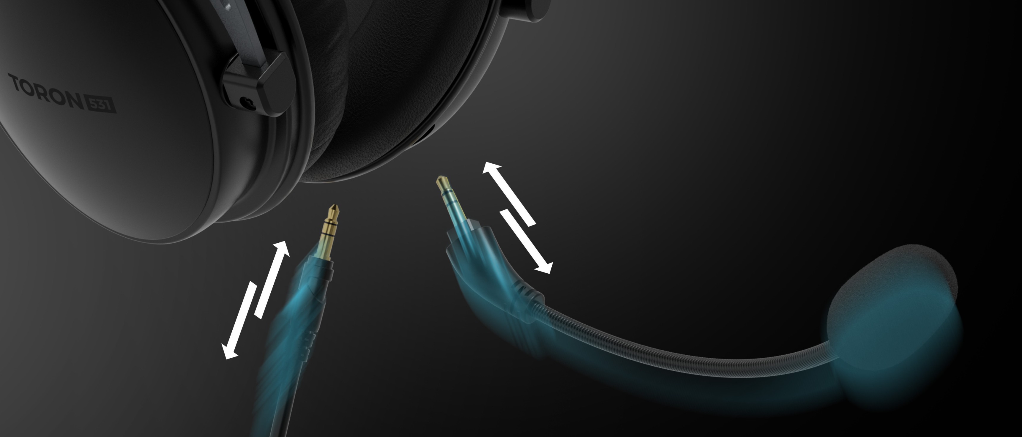 Gros plan sur le casque supra-auriculaire Genesis Toron 531 noir avec un microphone détachable et une prise audio.